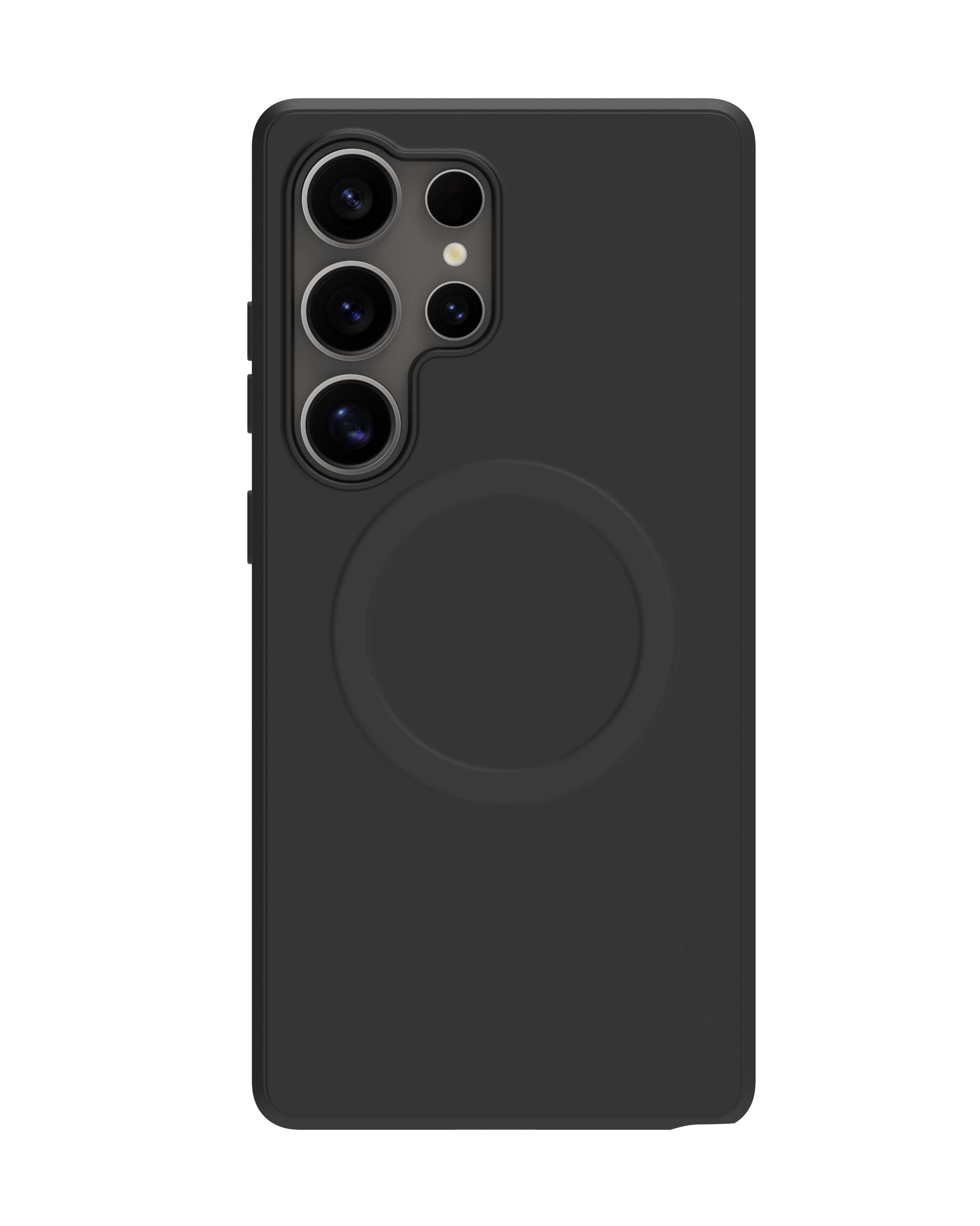 Custodia nera per telefono con lenti della fotocamera e una caratteristica circolare. Lo sfondo è bianco.