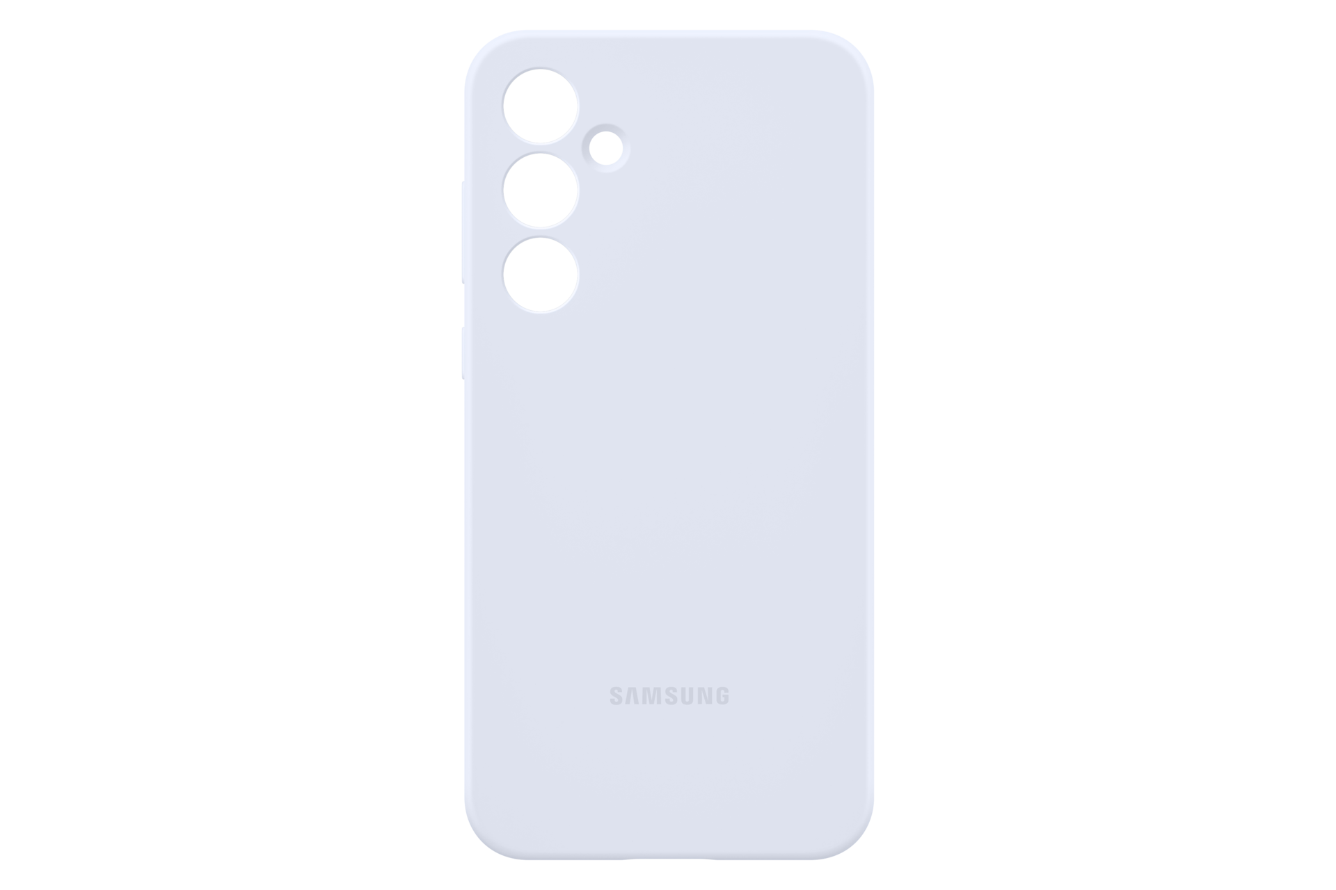 Eine hellviolette Handyhülle mit Kameralöchern, das Samsung-Logo befindet sich unten, vor schwarzem Hintergrund.