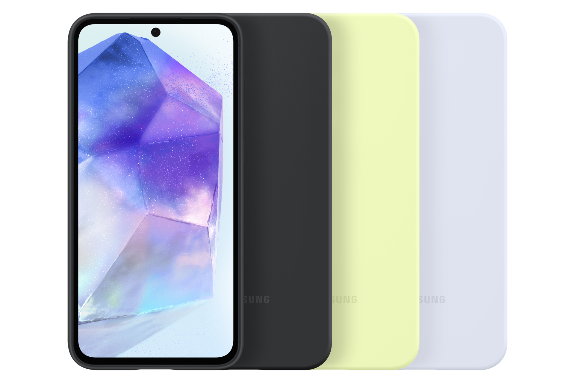 Ein Smartphone mit Kristall-Design auf dem Bildschirm und drei farbige Handyhüllen: schwarz, gelb und weiß.