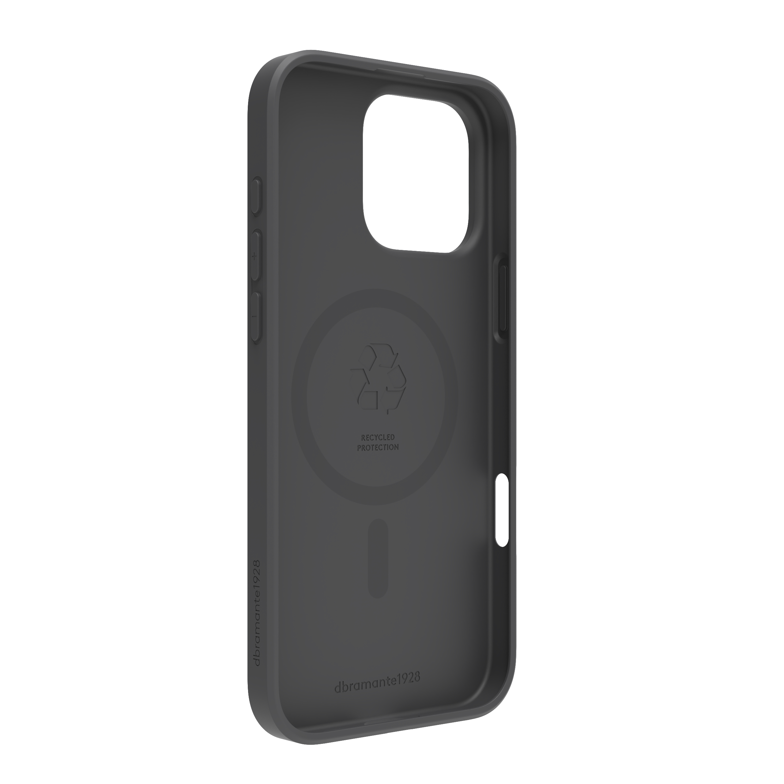 Una custodia per telefono grigio scuro, con fori per fotocamera e pulsanti. Con simbolo di riciclaggio e marchio.