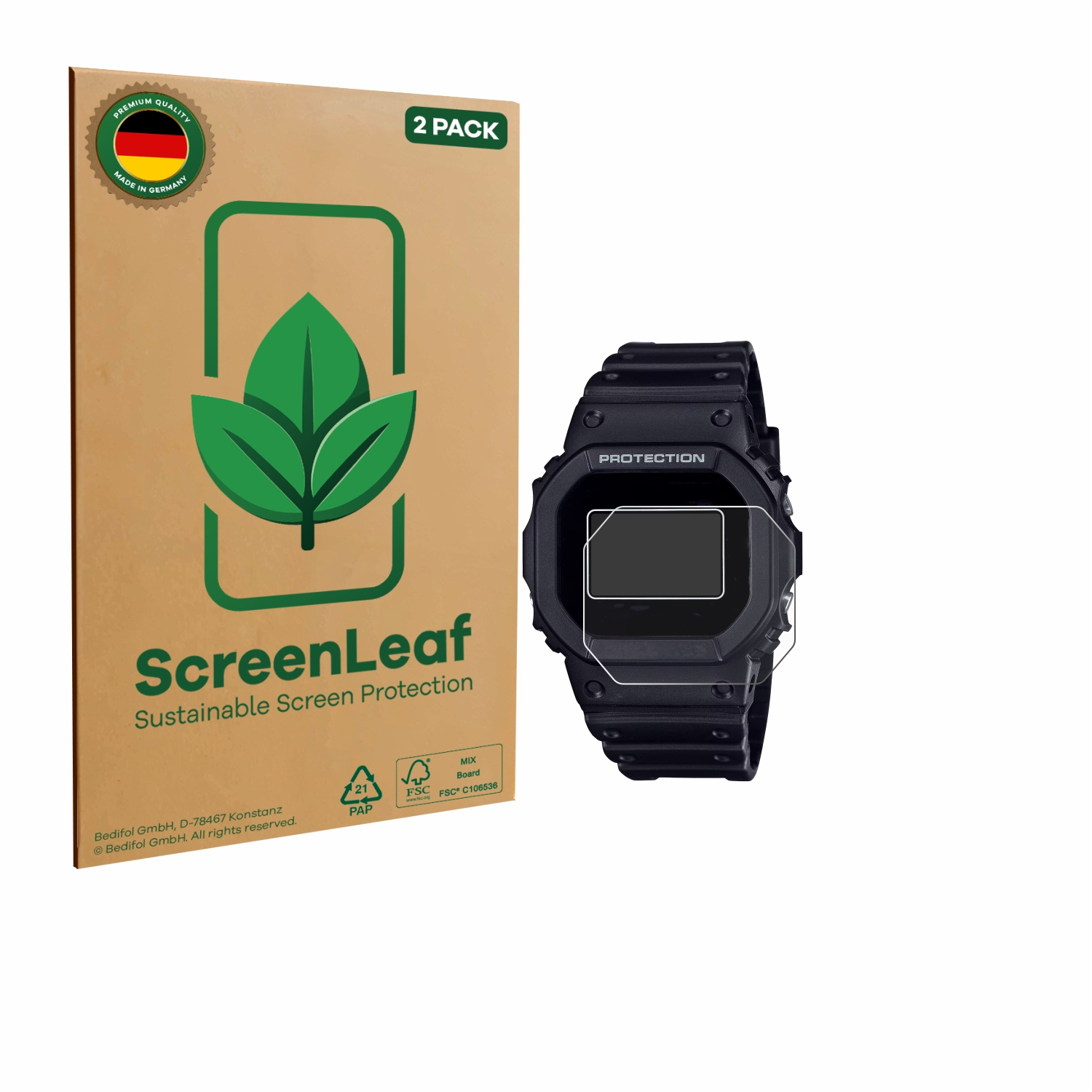 Eine Uhr und eine Displayschutzfolienverpackung. Auf der Verpackung steht 'ScreenLeaf' und 'Made in Germany'. Die Uhr ist schwarz.