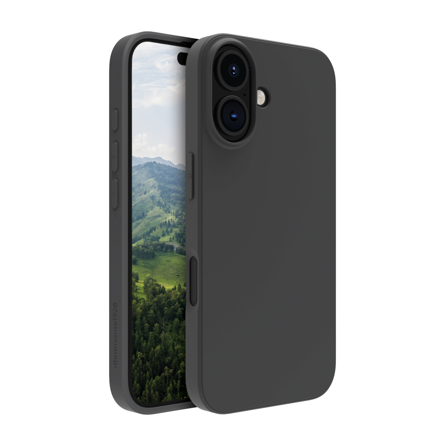 Una custodia per telefono grigio scuro accanto a un telefono che mostra un paesaggio verde. La custodia ha ritagli per la fotocamera e pulsanti.