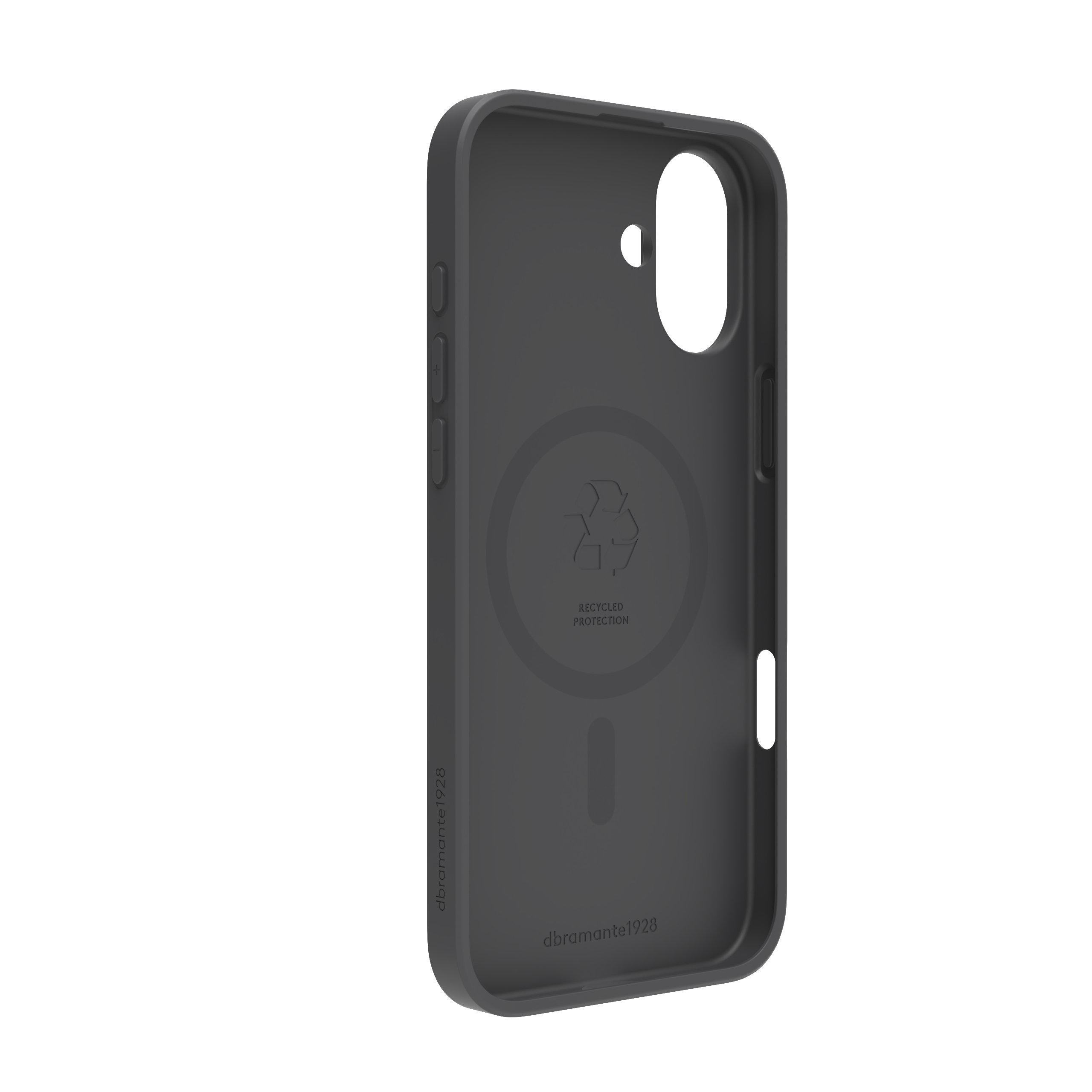 Una custodia per telefono grigio scuro, con un design circolare e la scritta 'Recycled Protection' su sfondo bianco.