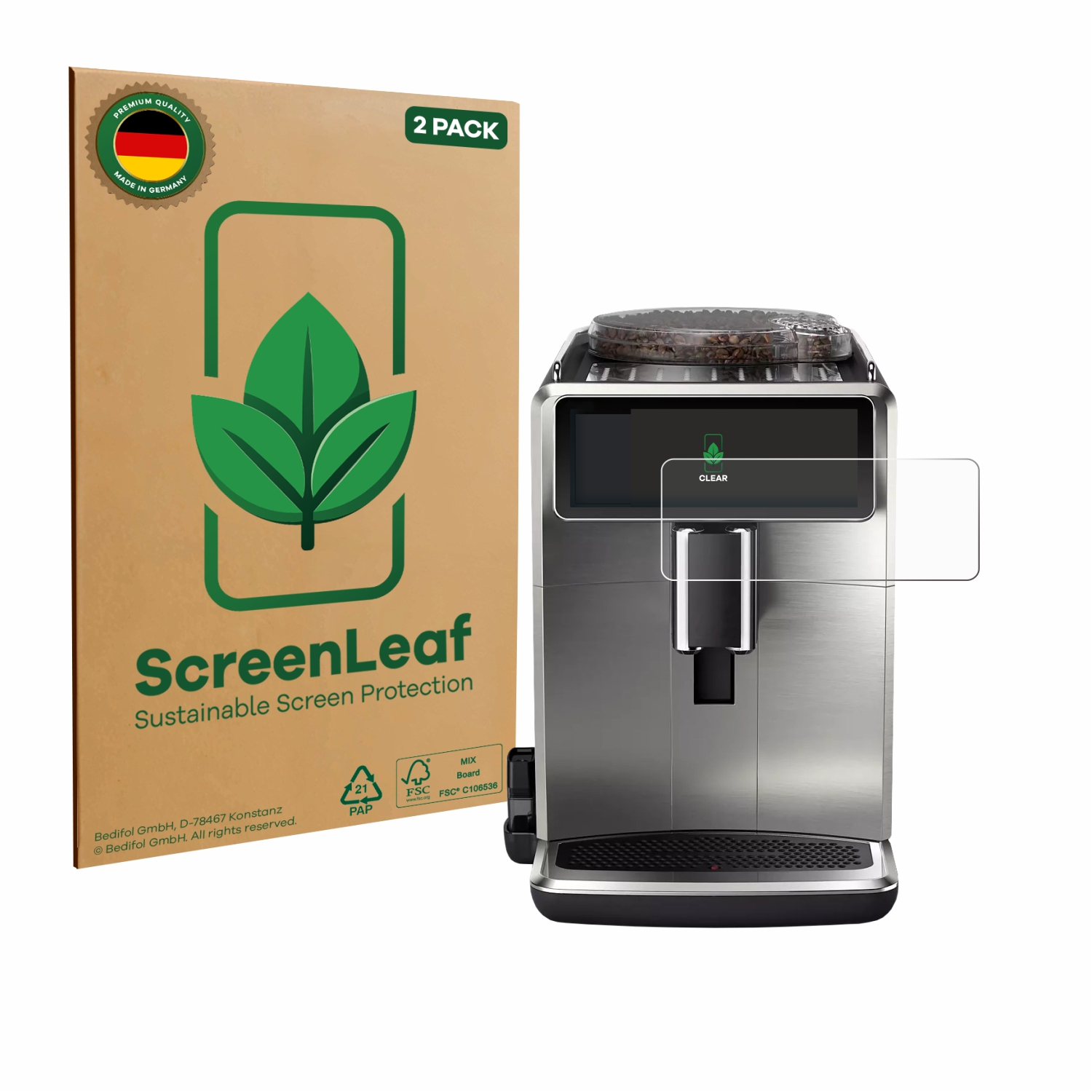 Eine Kaffeemaschine und eine Displayschutzfolienbox stehen auf weißem Untergrund. Die Box hat ein grünes Blattlogo und trägt 'ScreenLeaf'.