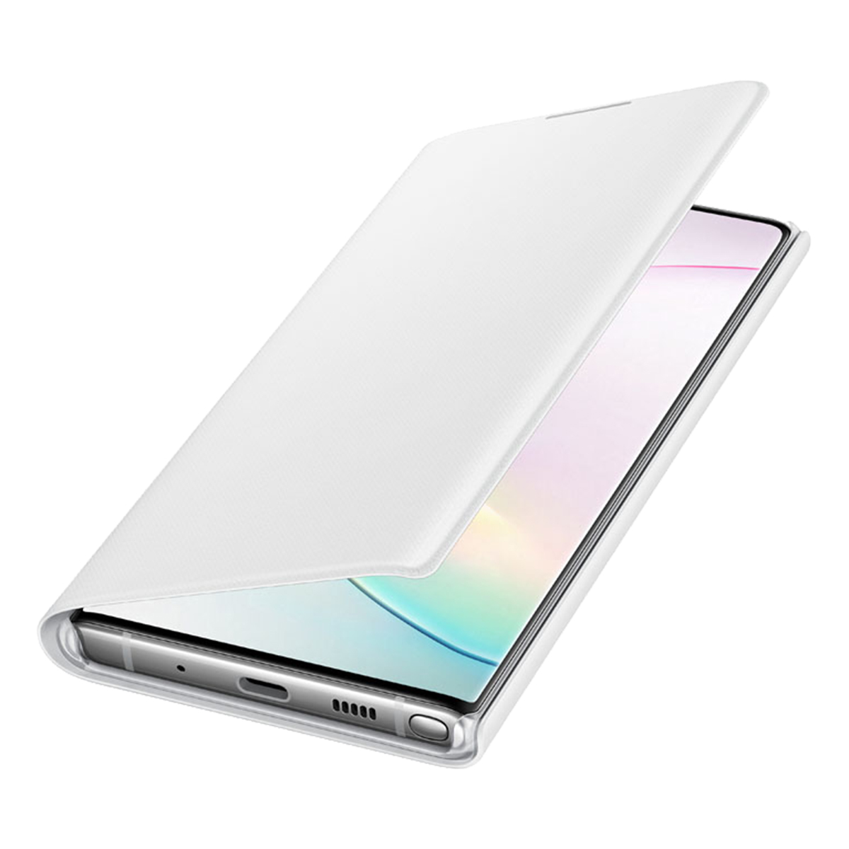 Eine weiße Handyhülle ist geöffnet und zeigt ein Smartphone. Die Hülle ist abgewinkelt, der Bildschirm des Telefons teilweise sichtbar.