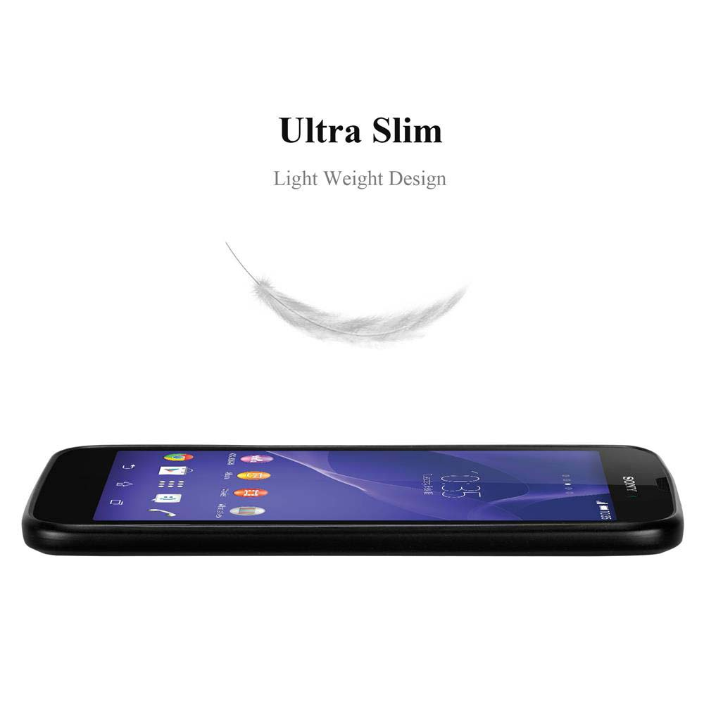 Auf weißem Hintergrund liegt ein schwarzes Smartphone. 'Ultra Slim' und 'Light Weight Design' sind darüber. Eine Feder schwebt darüber.