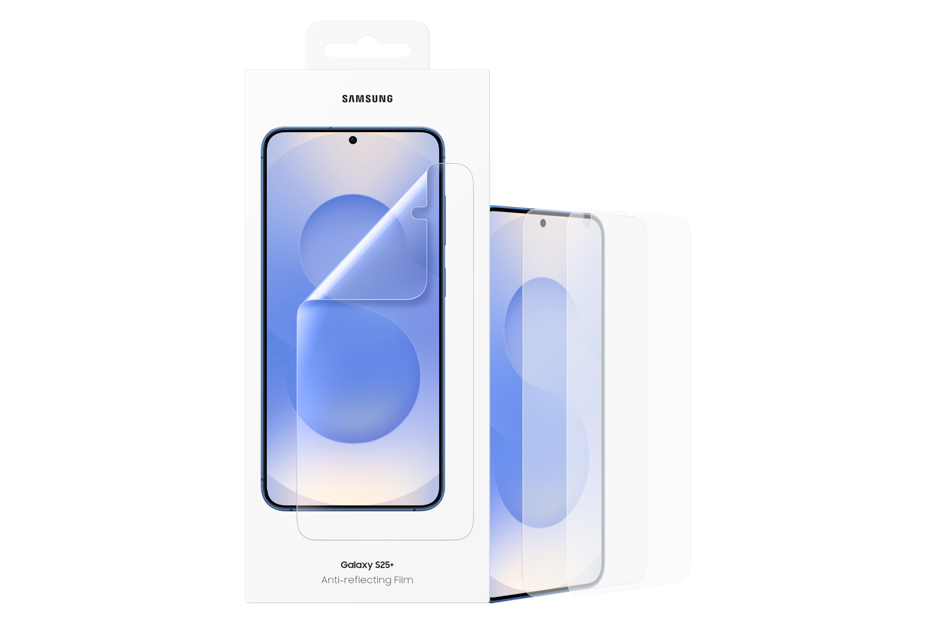 Une boîte de protection d'écran Samsung Galaxy S25+. La boîte contient une image de téléphone et les mots Samsung et Galaxy S25+.