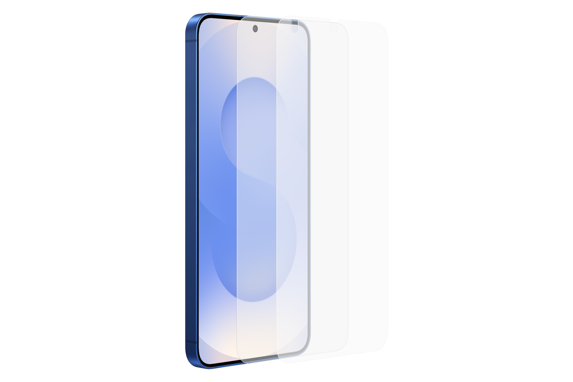 Un smartphone bleu avec un protecteur d'écran et un protecteur d'écran supplémentaire sont visibles sur fond noir.