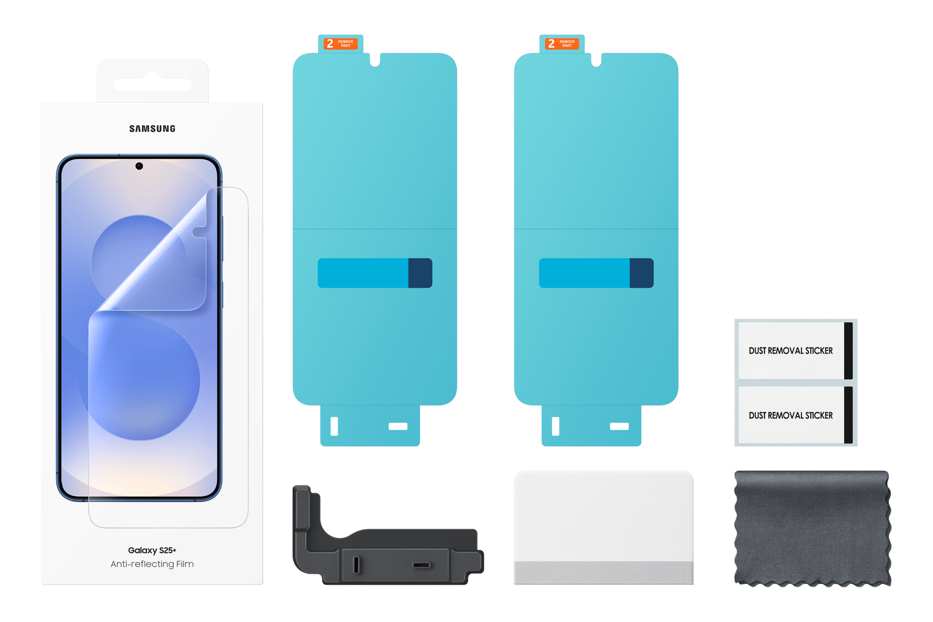 Un kit de film anti-reflet Samsung Galaxy S25+, comprenant des protecteurs d'écran, des autocollants, un chiffon de nettoyage et une raclette.