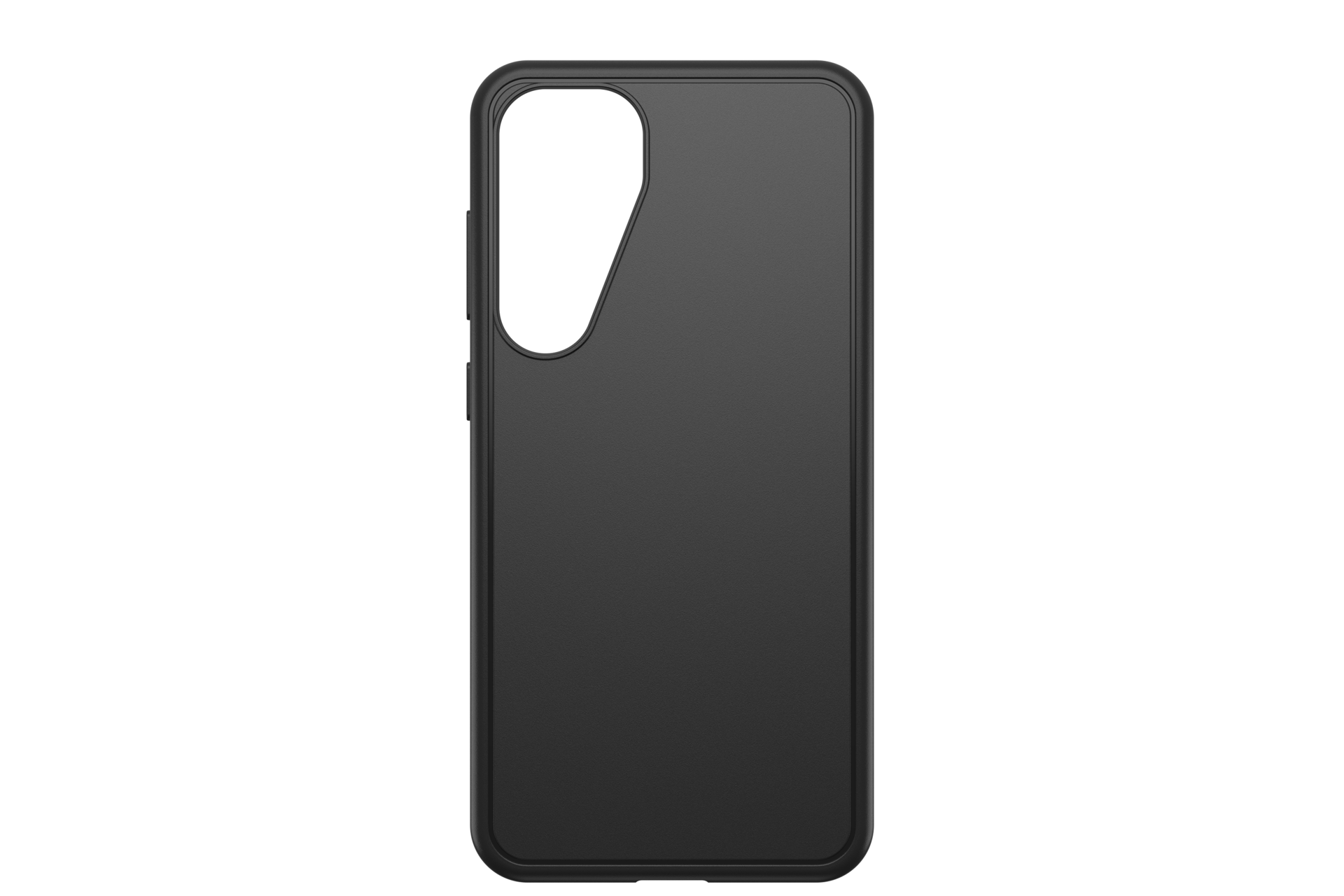 Una funda negra para teléfono con recorte de cámara, sobre fondo negro. La funda tiene una superficie texturizada.