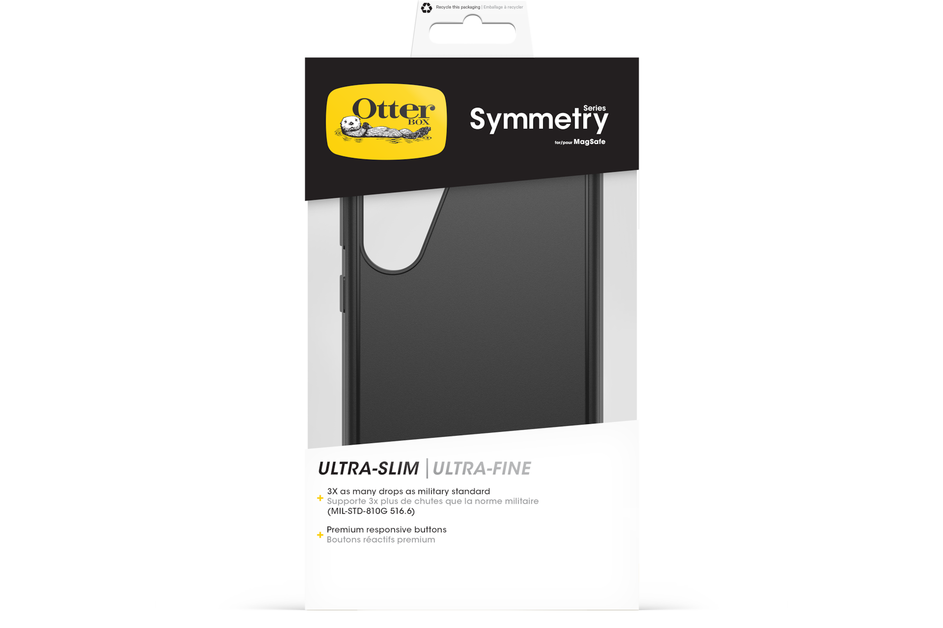 Embalaje negro de la funda para teléfono OtterBox Symmetry. Presenta el logotipo de OtterBox y detalles del producto.