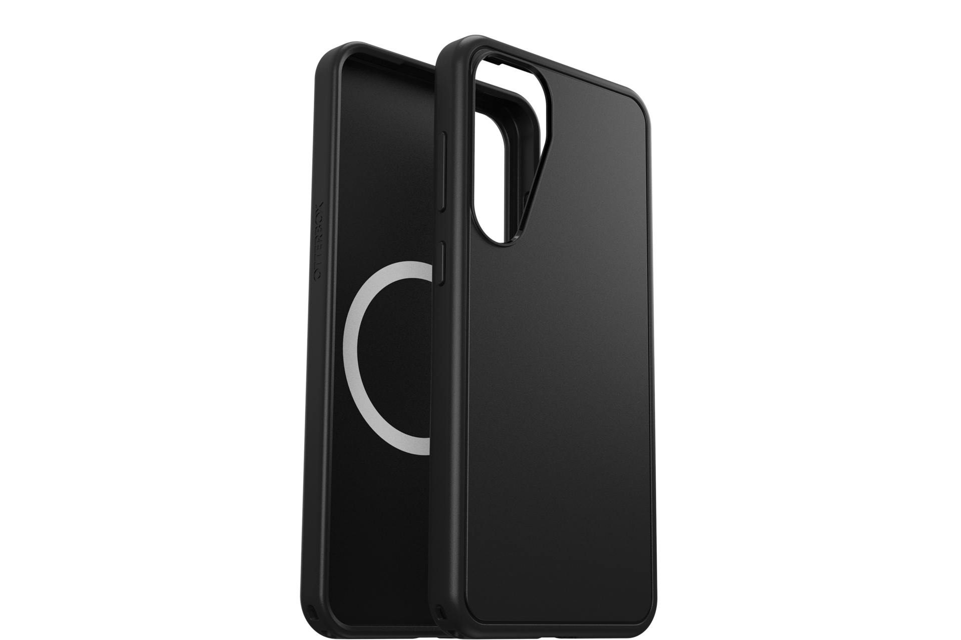 Dos fundas negras para teléfono. Una muestra el interior con un círculo blanco. La otra es una funda negra sólida.