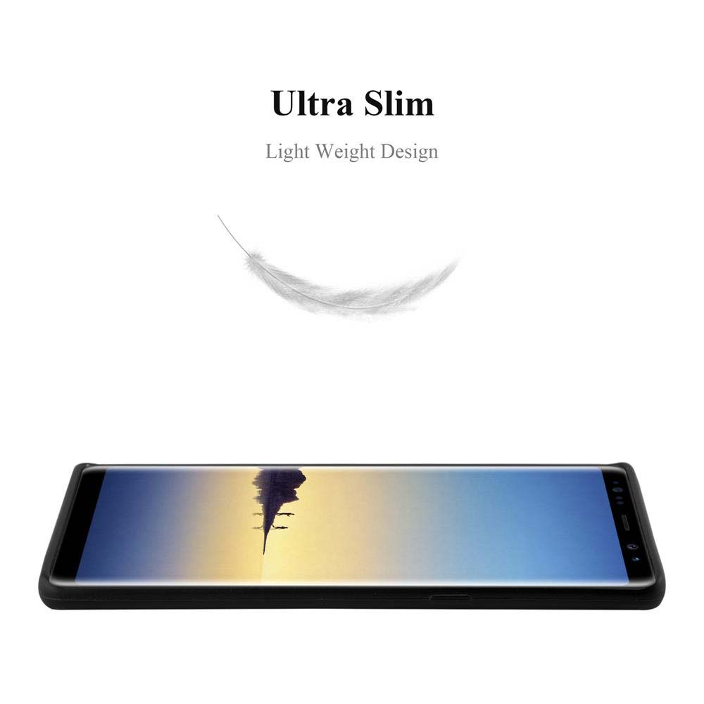 Un telefono è appoggiato su sfondo bianco. Sopra le parole 'Ultra Slim' e 'Light Weight Design' con una piuma.