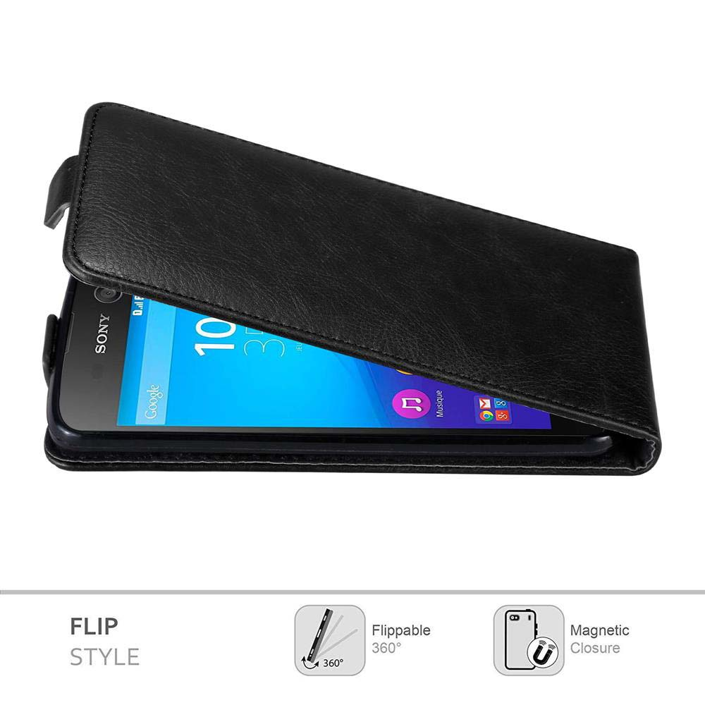Funda negra para teléfono plegable con un teléfono Sony dentro. El teléfono muestra una pantalla de inicio con aplicaciones. Cierre magnético y 360° giratorio.