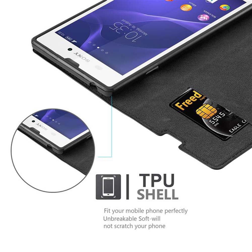 Ein Telefon in einer schwarzen Hülle mit einer Kreditkarte. Das Telefon zeigt die Uhrzeit 10:35 an. Die Hülle hat eine TPU-Schale.