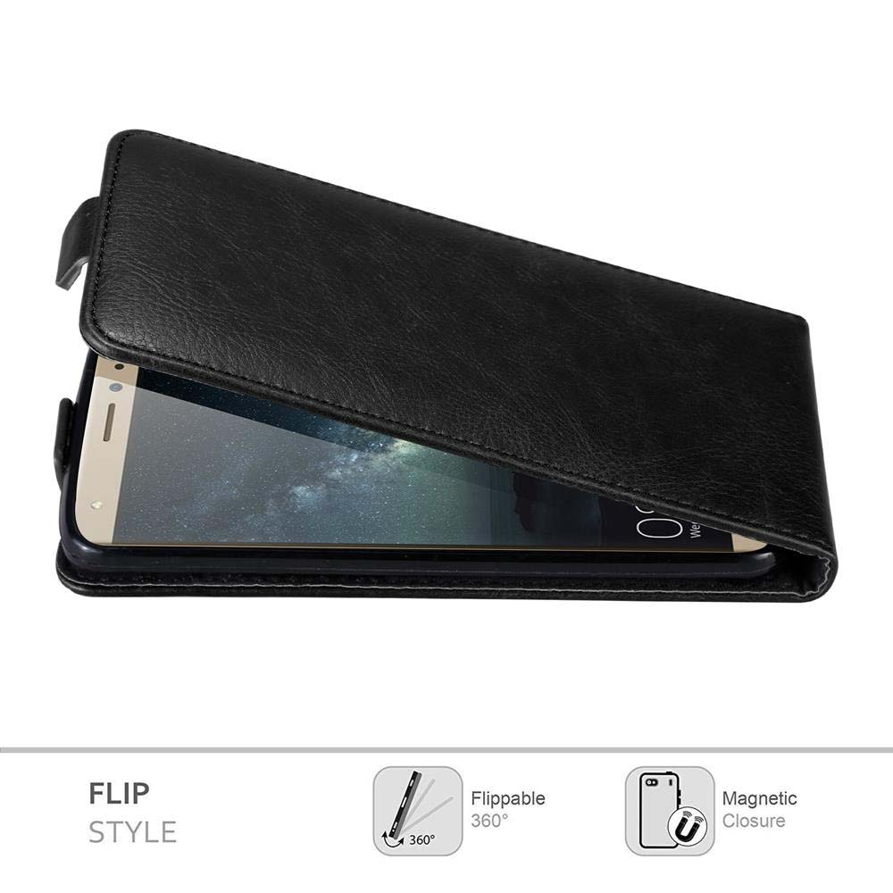 Eine schwarze Leder-Flip-Handyhülle, geöffnet, um einen Smartphone-Bildschirm zu enthüllen. Merkmale sind 360°-Drehbarkeit und Magnetverschluss.