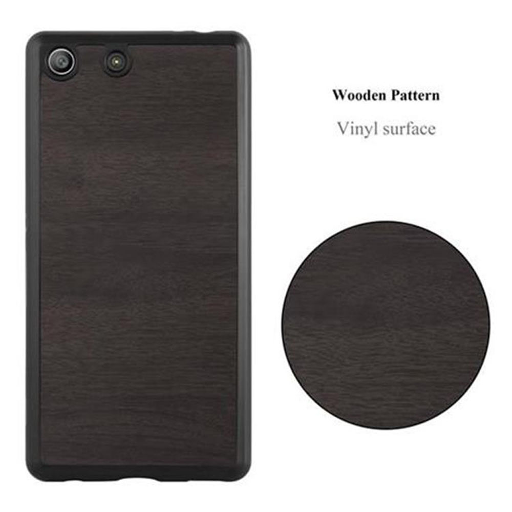 Una funda de teléfono con un patrón de madera. Un círculo con una muestra del patrón de madera. El texto dice 'Patrón de madera superficie de vinilo'.