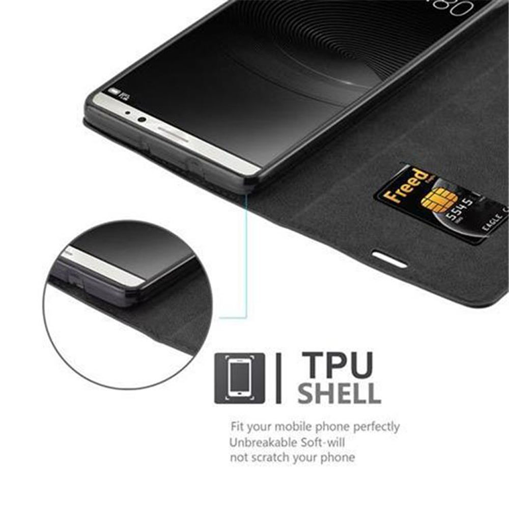 Uno smartphone in una custodia nera con una carta di credito. Il telefono è nella custodia aperta. Testi visibili sulla carta e sulla custodia.
