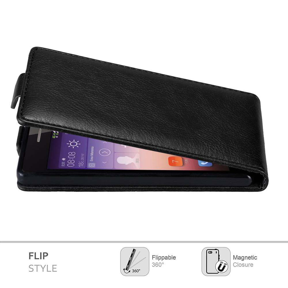 Schwarze Flip-Style-Handyhülle mit Telefon. Der Bildschirm zeigt Uhrzeit und Wetter. Symbole für Funktionen unten.
