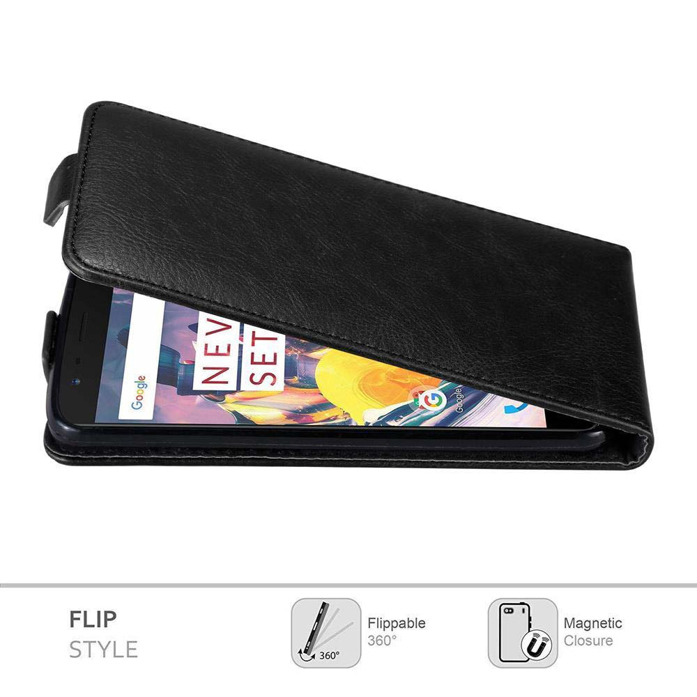 Schwarze Klapp-Handyhülle mit einem Telefon, das eine Google-Suche anzeigt. Die Hülle ist geöffnet. Darunter befinden sich Symbole und Text.
