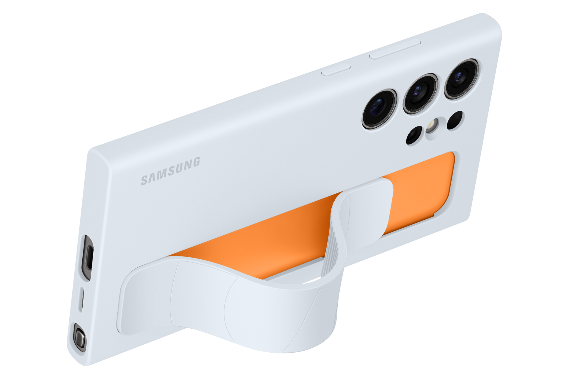 Custodia bianca per telefono Samsung con interno arancione e supporto. Il telefono ha obiettivi della fotocamera. Sfondo nero.