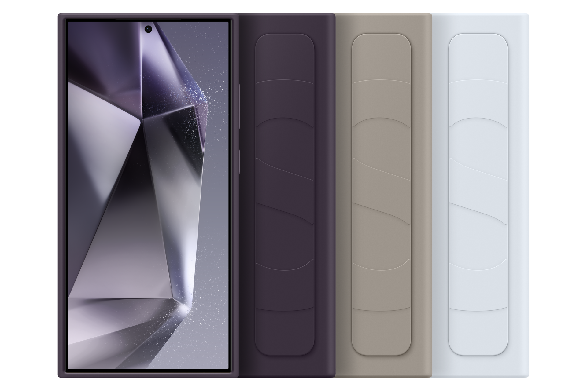 Uno smartphone con schermo dal design geometrico, accanto a tre cover colorate: viola, beige e bianca. Sfondo nero.