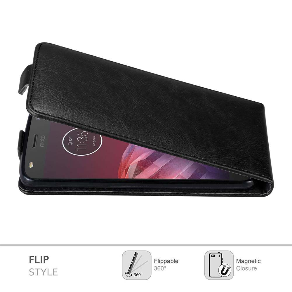Funda negra tipo flip abierta, mostrando el teléfono con la hora 11:35 en pantalla. Texto: Flip Style, Flippable 360°, Cierre magnético.
