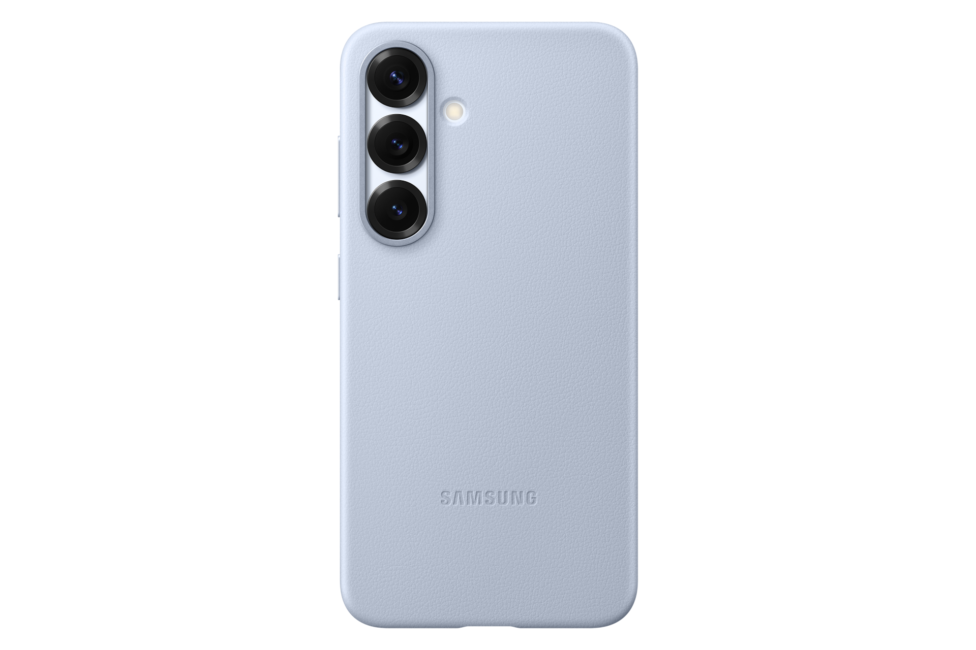 Jasnoniebieskie etui na telefon z trzema obiektywami aparatu i logo Samsung. Etui jest na czarnym tle.