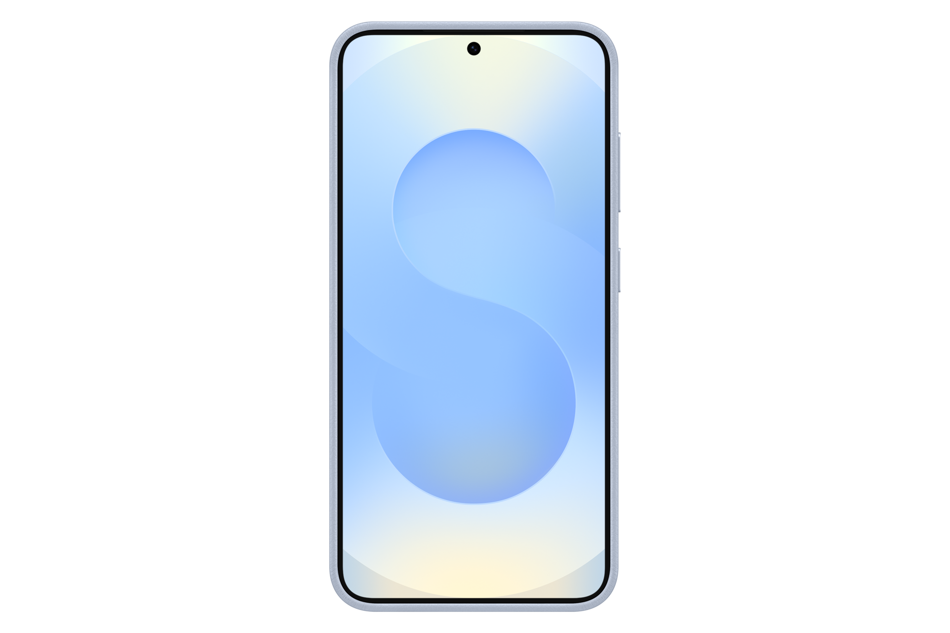 Smartfon z jasnoniebieskim ekranem, wyświetlający gradient. Telefon otoczony jest czarnym tłem.