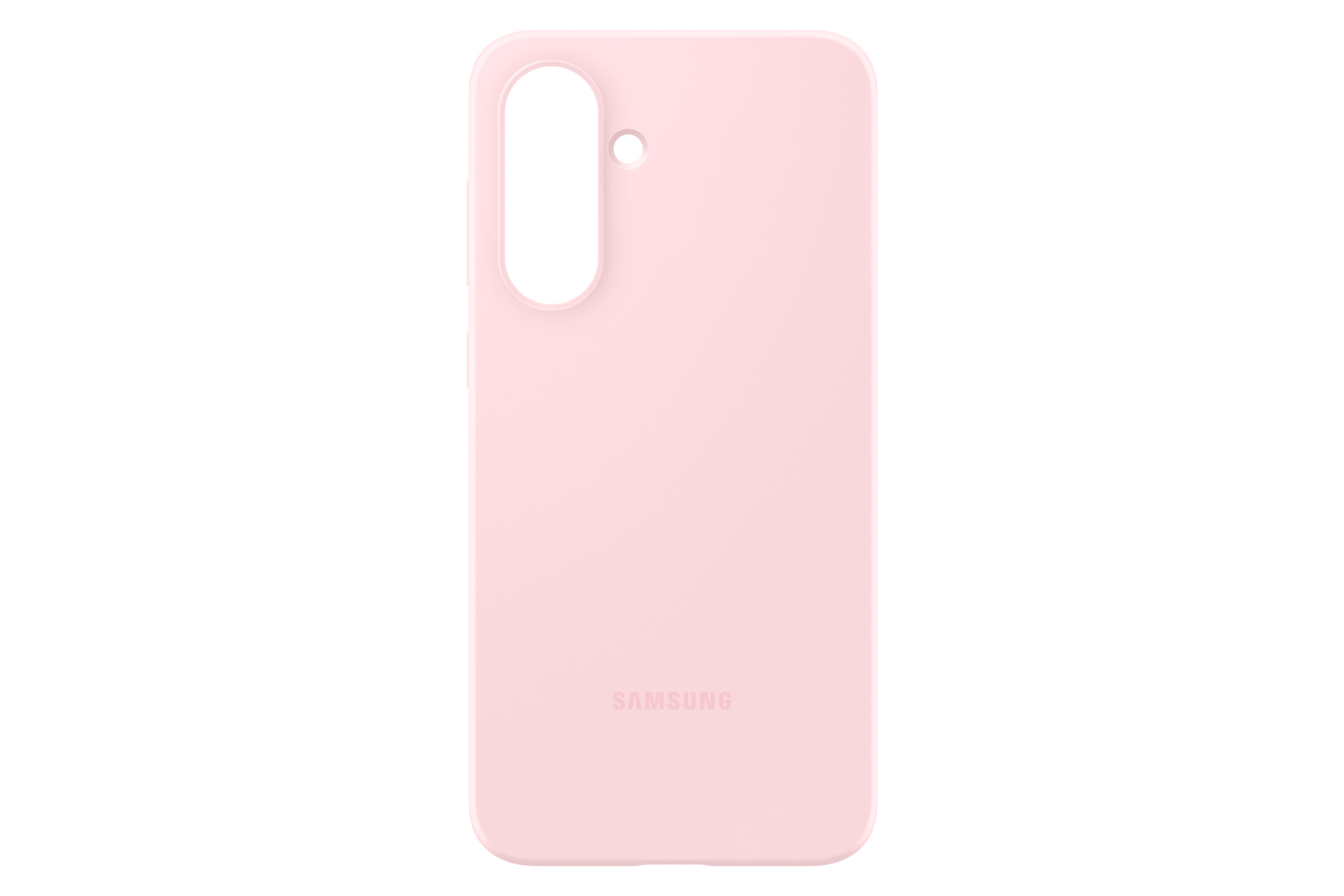 Una custodia per telefono rosa chiaro con un ritaglio per la fotocamera e il logo Samsung. Lo sfondo è nero.