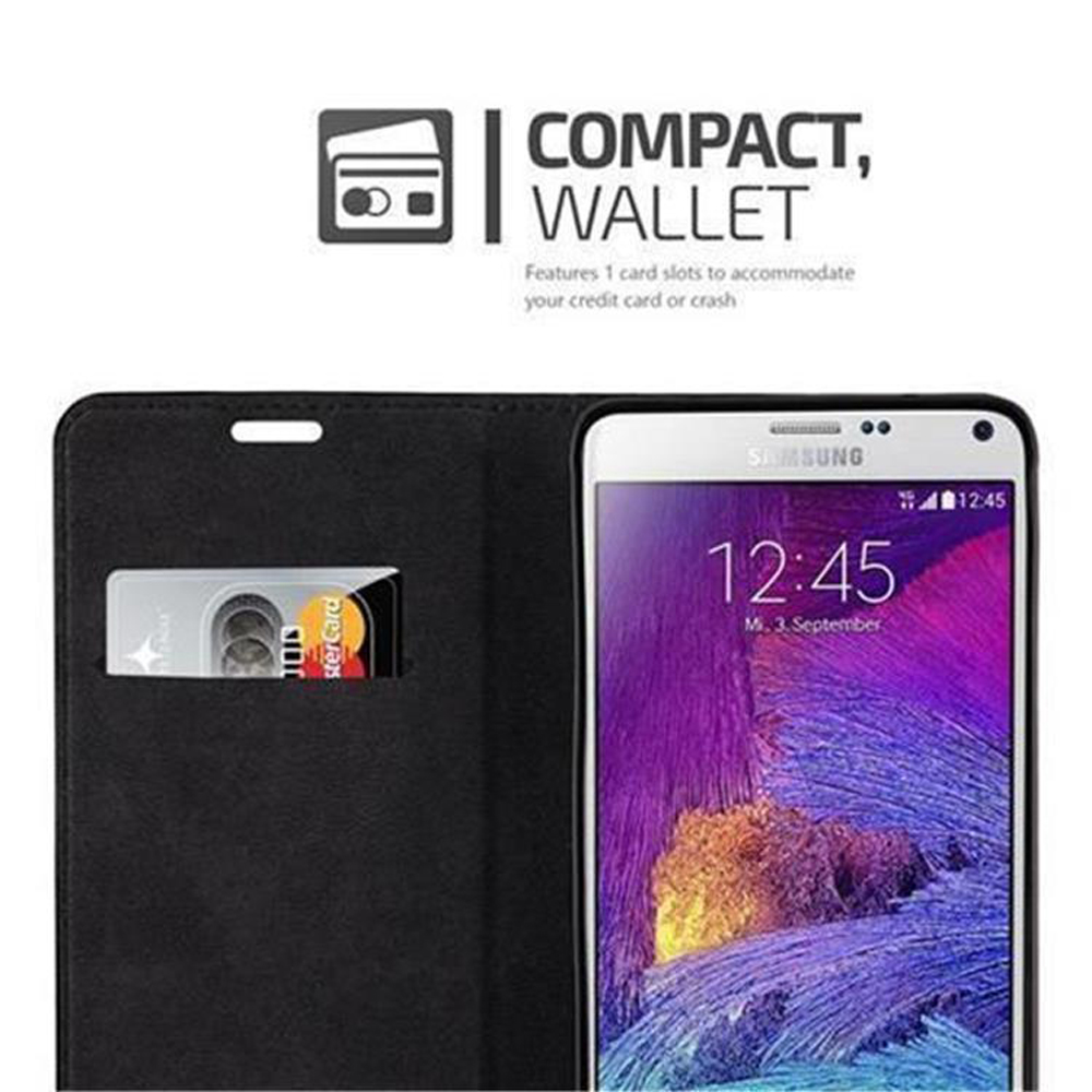 Schwarze Brieftasche mit Kreditkartenfach. Ein Smartphone zeigt die Uhrzeit. Text oben: 'Compact, Wallet'.