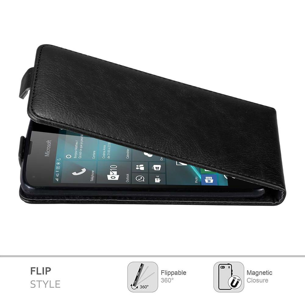 Custodia per telefono nera a libro. Lo schermo del telefono mostra le app. Testo: Stile flip, Girevole a 360° e Chiusura magnetica.
