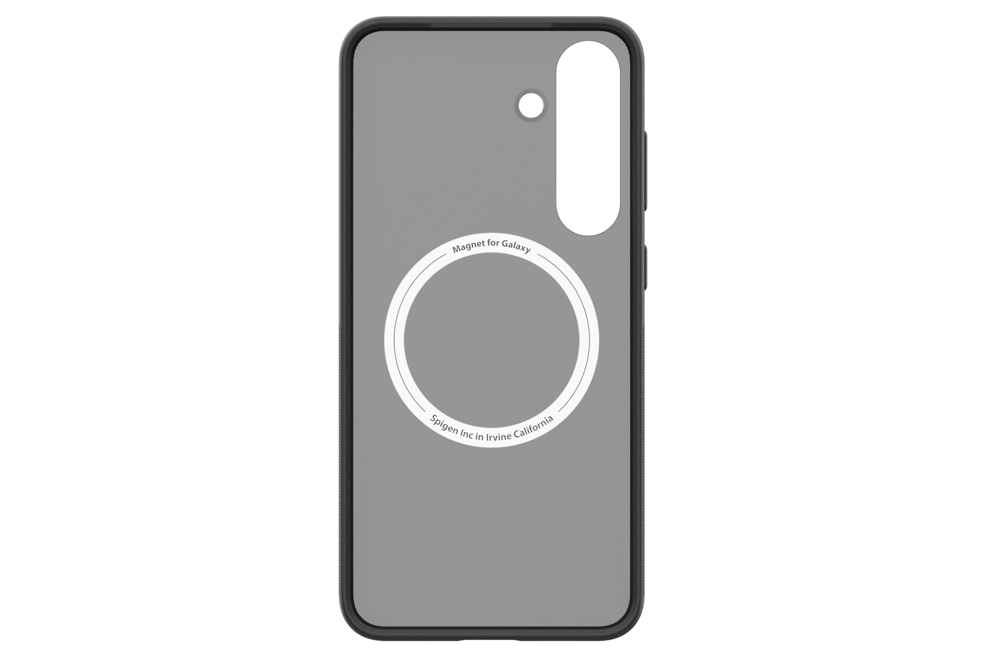Una custodia grigia per telefono con un magnete circolare bianco. Testo: 'Magnet for Galaxy' e 'Spigen Inc in Irvine California'.