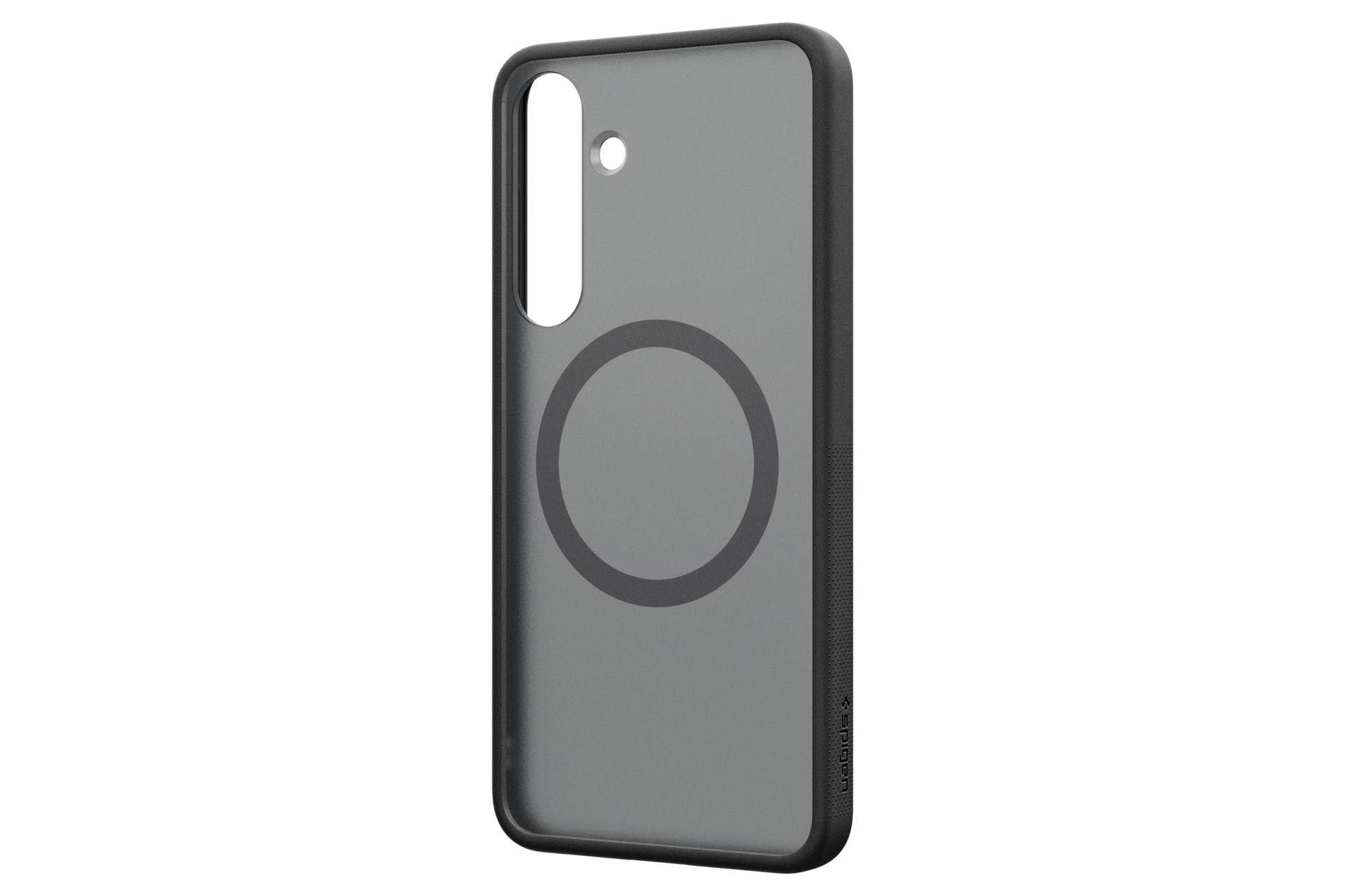 Una custodia grigia per telefono con ritaglio per fotocamera, anello magnetico e logo 'Spigen'.