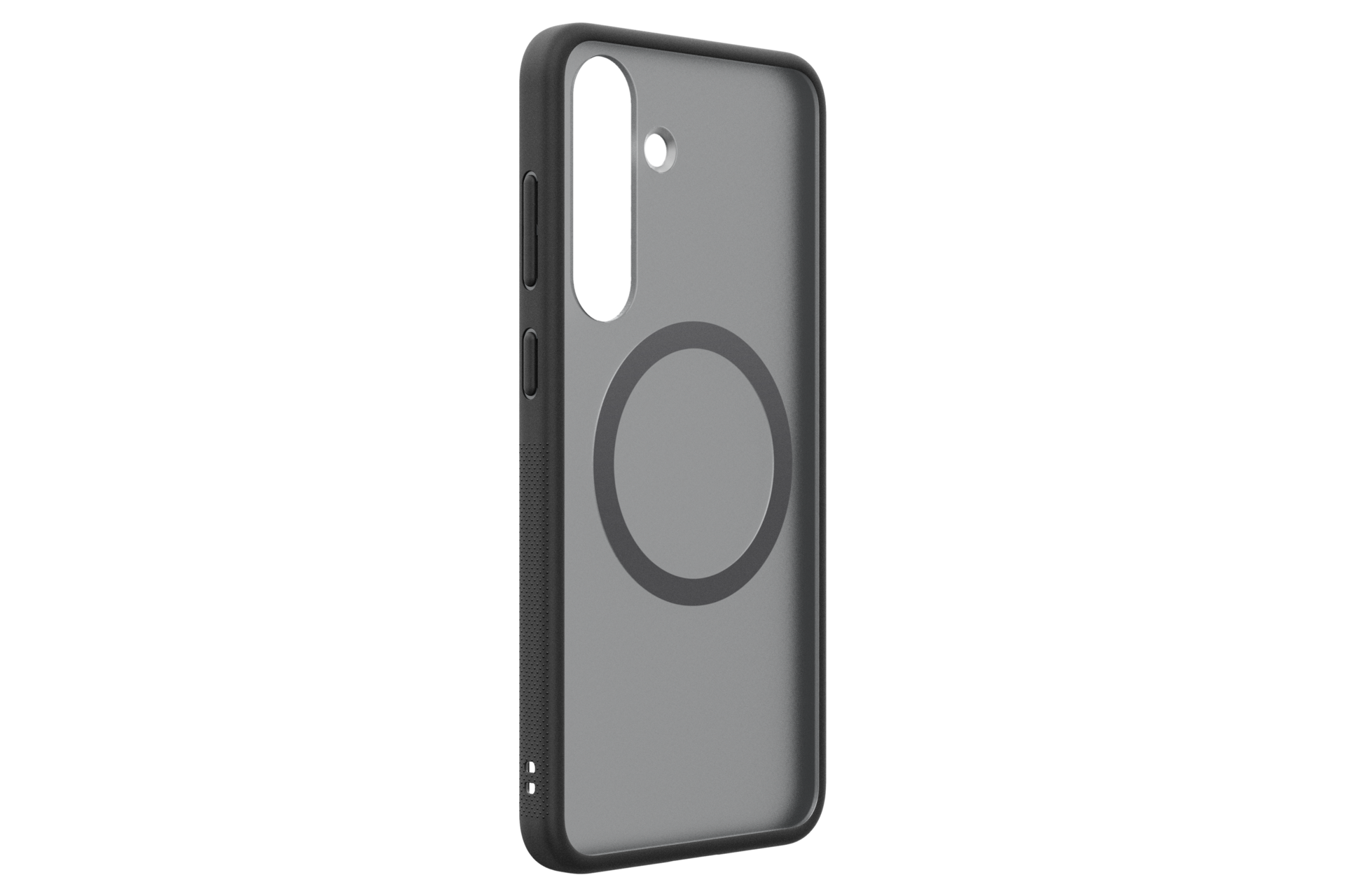 Una custodia grigia per telefono con cornice nera e anello magnetico circolare, su sfondo nero.