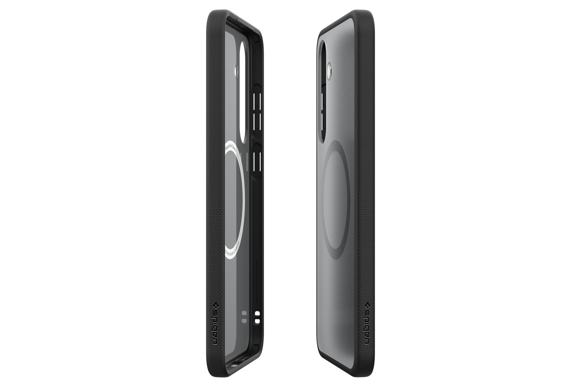 Due custodie trasparenti per telefono con cornici nere sono esposte su sfondo nero. Le custodie mostrano un cerchio magnetico.