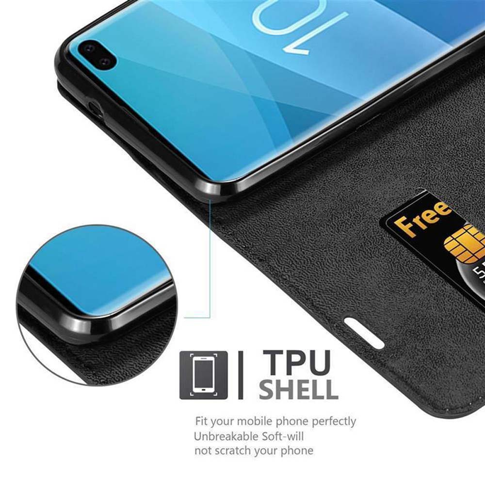 Ein Telefon in einer schwarzen Hülle mit einer Kreditkarte. Der Bildschirm des Telefons ist blau. Text: TPU SHELL, Free, Passt perfekt.