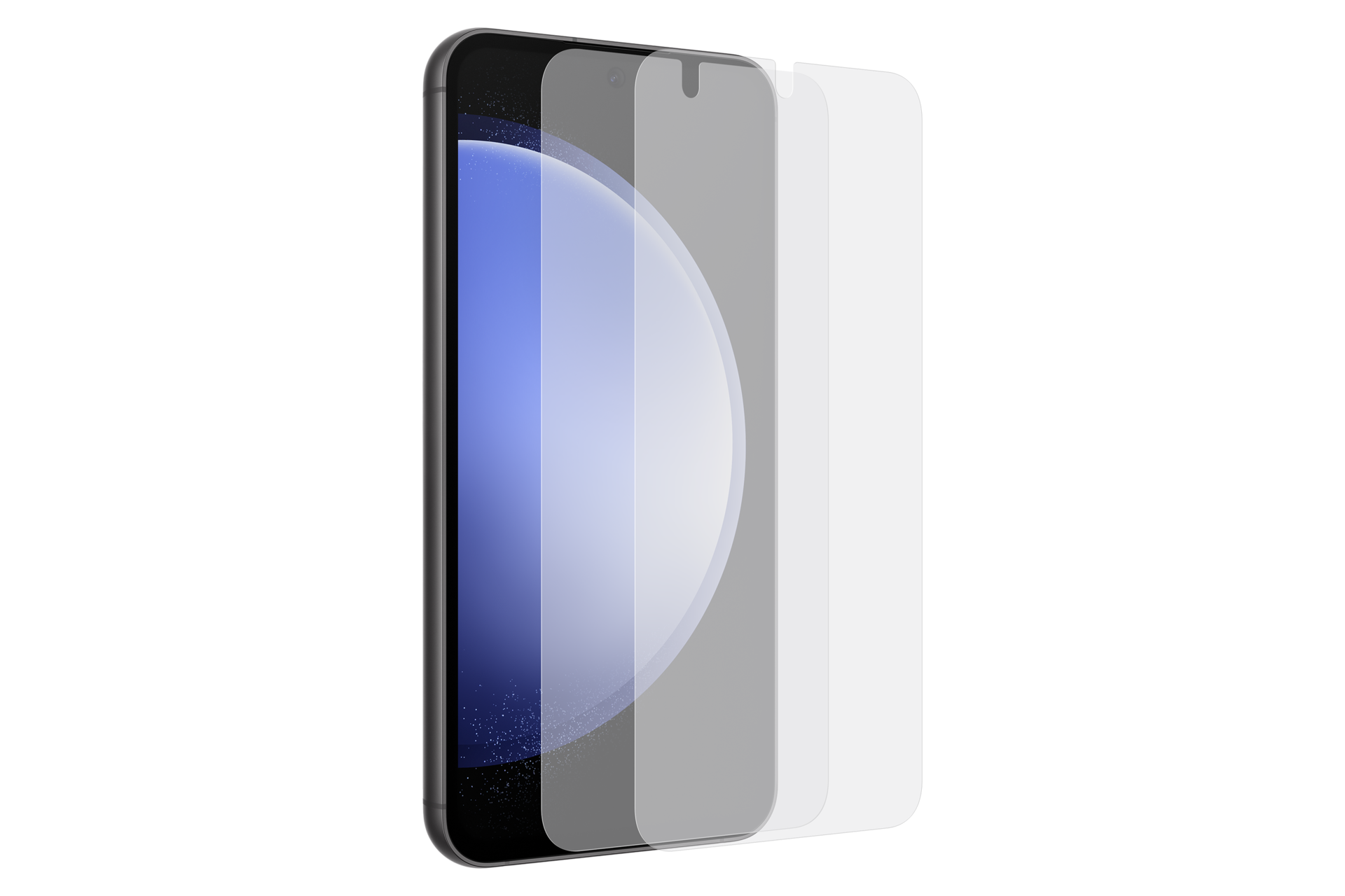 Uno smartphone con sovrapposizioni di protezioni per lo schermo, su sfondo nero. Il telefono è argentato con uno schermo sfumato blu. Protezioni traslucide.