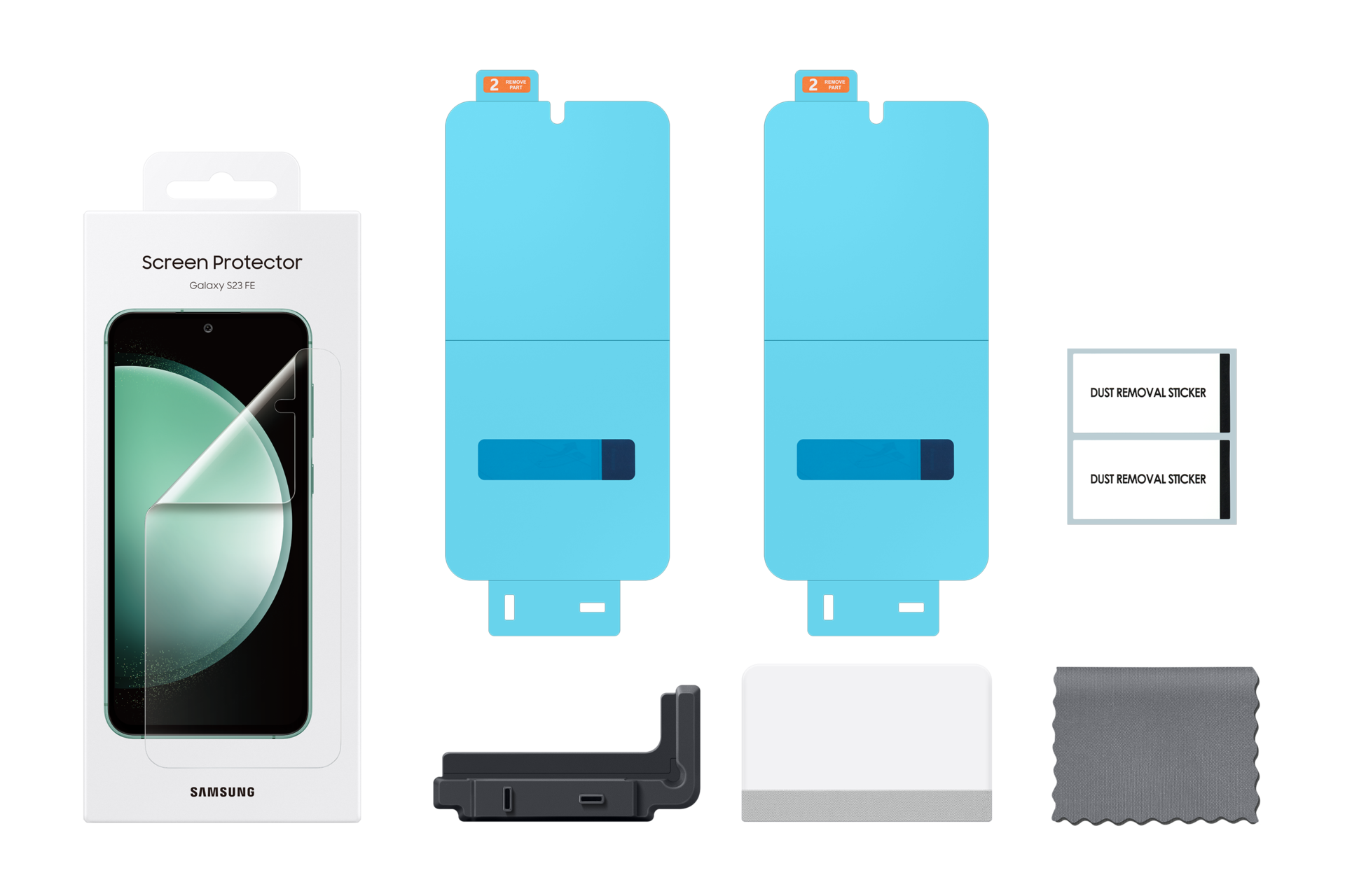 Kit di protezione schermo con protezione, adesivi antipolvere, panno e supporto. Include confezione e due protezioni.