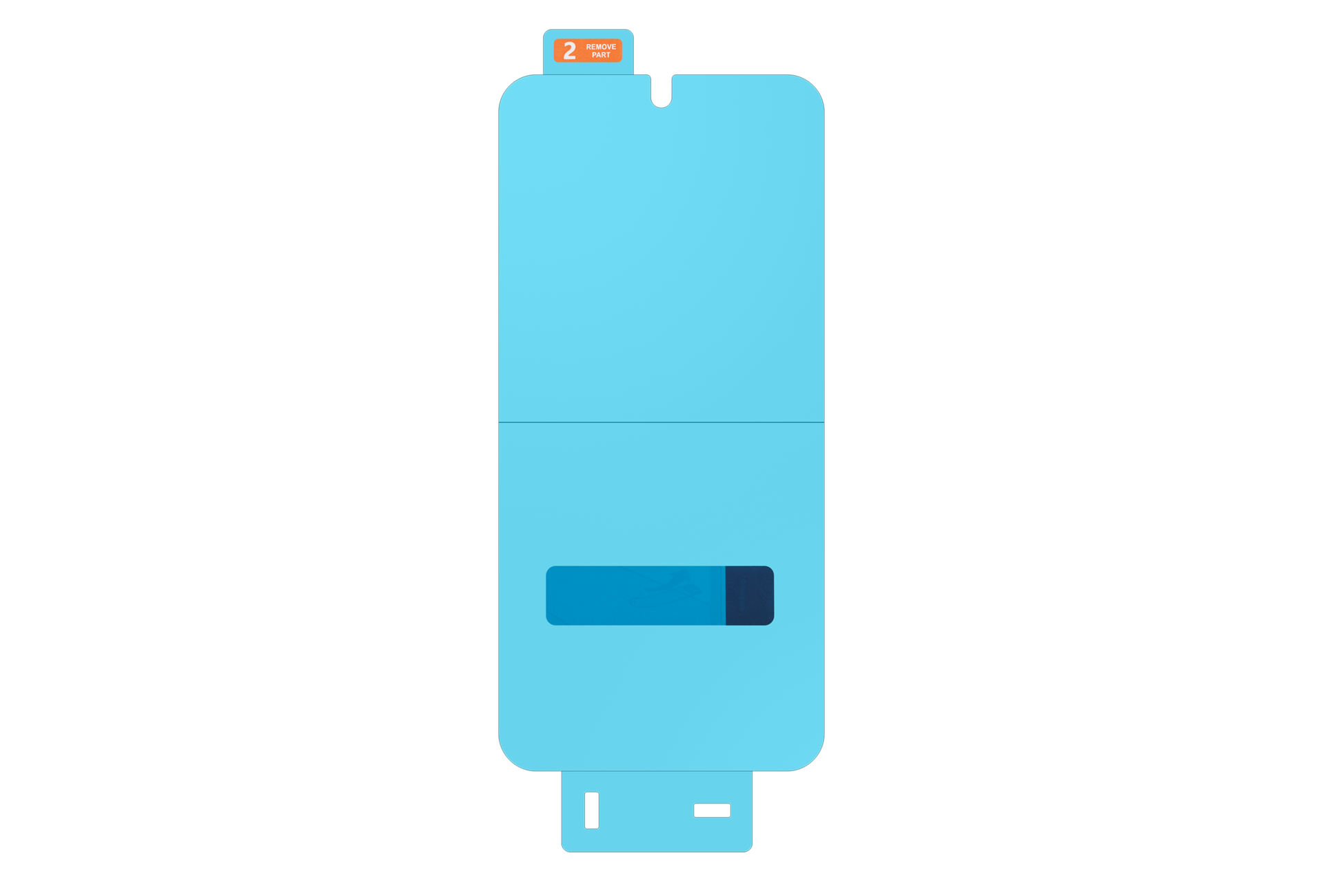 Un proteggi schermo azzurro per telefono, con rettangolo blu scuro, linguetta arancione con "2 REMOVE PART".