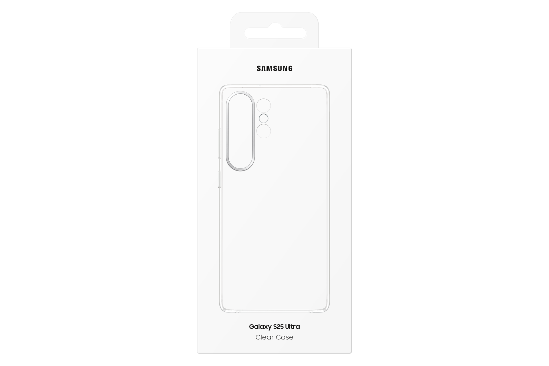 Una scatola bianca con una custodia trasparente per telefono all'interno. La scatola ha il logo Samsung e dice Galaxy S25 Ultra Clear Case.