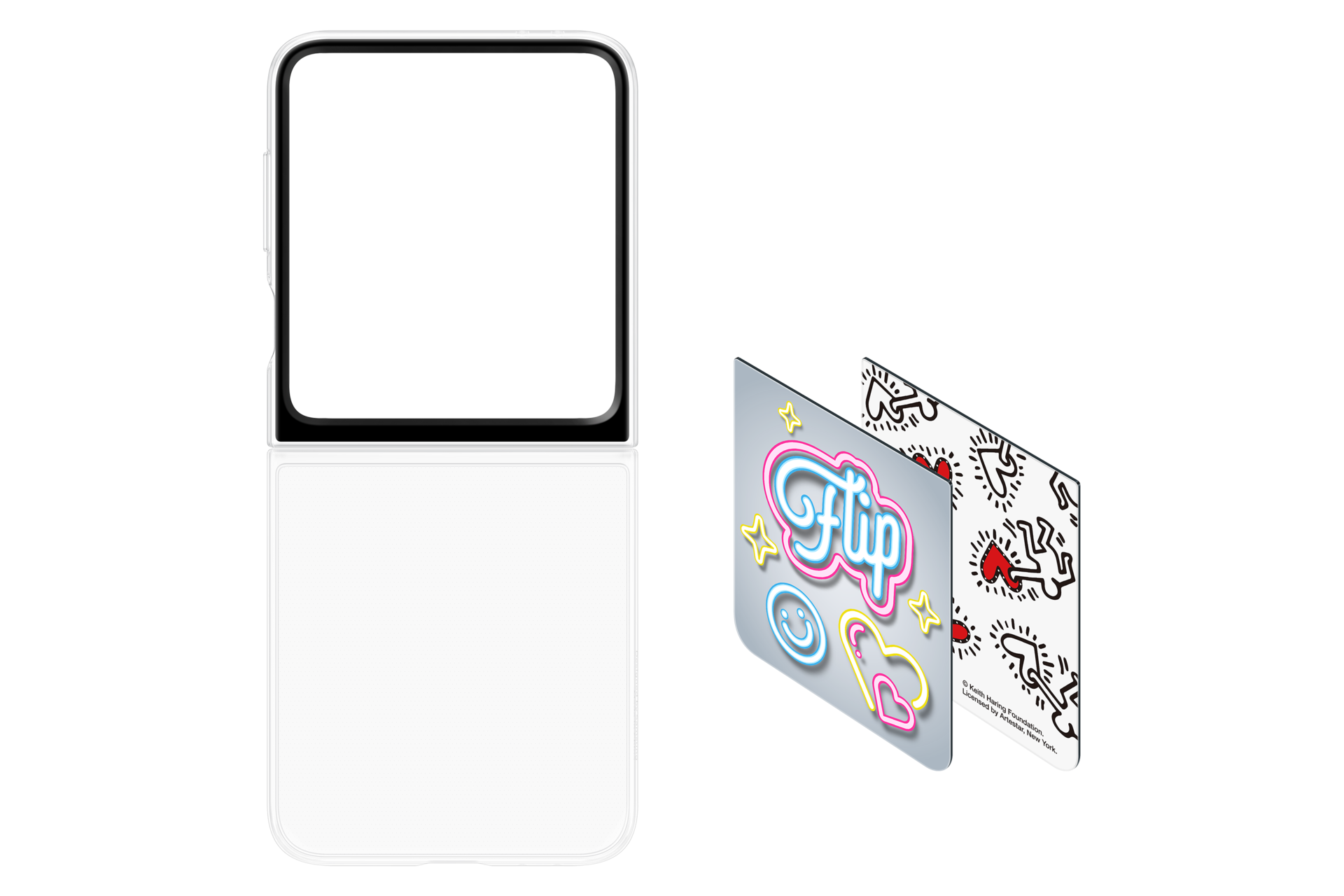 Biały telefon, częściowo otwarty, z dwiema kartami. Jedna karta ma neon, druga sztukę Keitha Haringa.