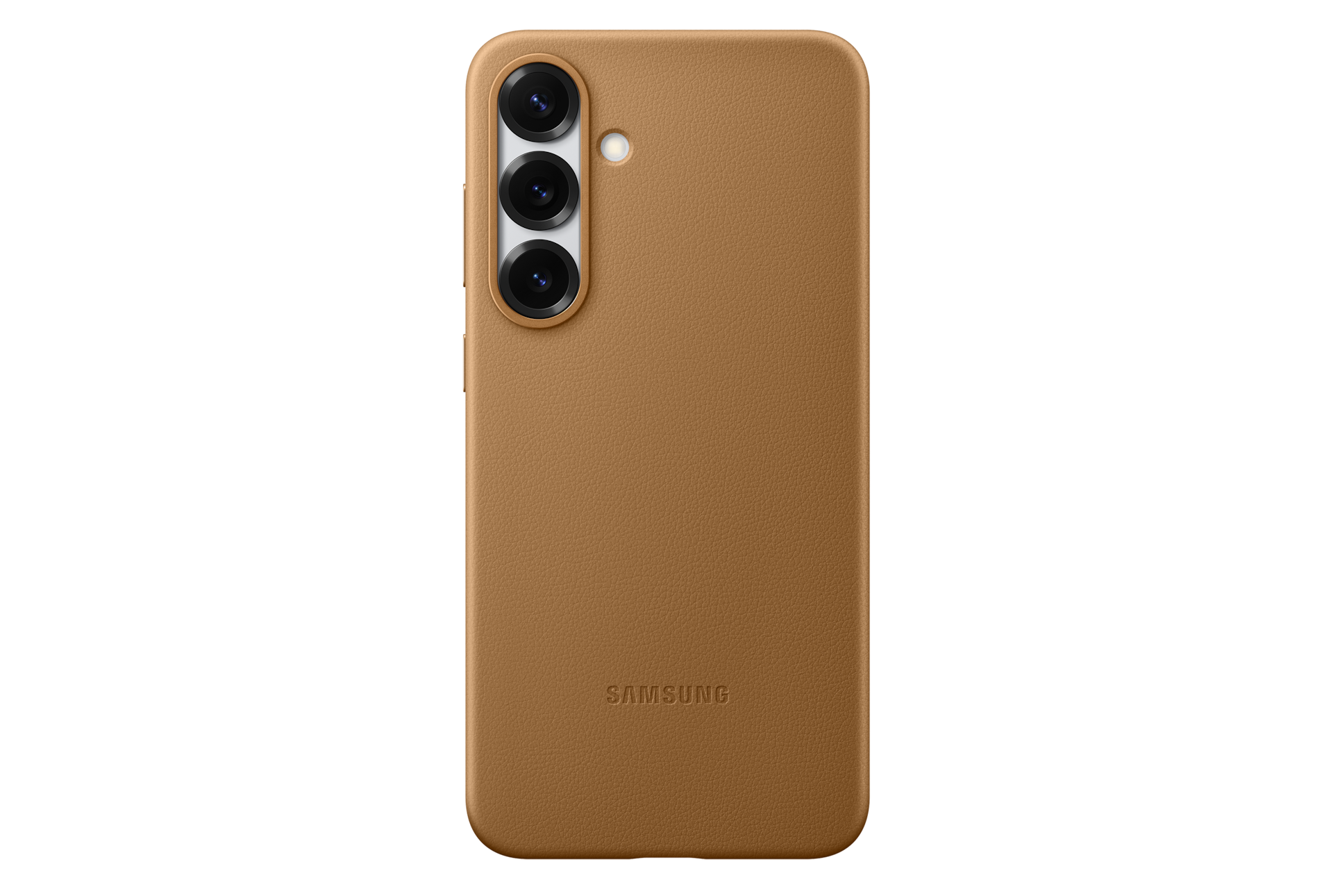 Eine braune Samsung-Handyhülle mit drei Kameralinsen und einem Blitz. Der Hintergrund ist schwarz.