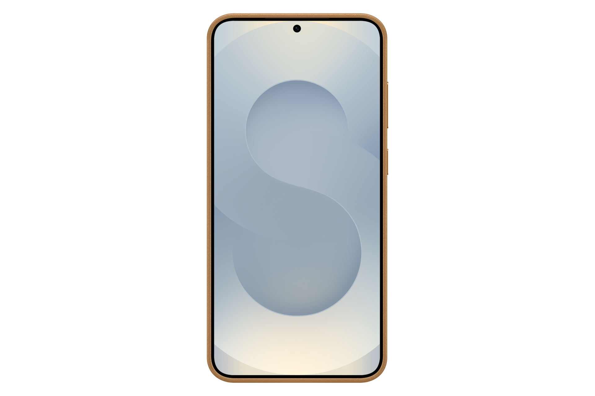Ein Smartphone mit hellblauem Bildschirm. Das Telefon hat einen goldenen Rahmen. Der Hintergrund ist schwarz.