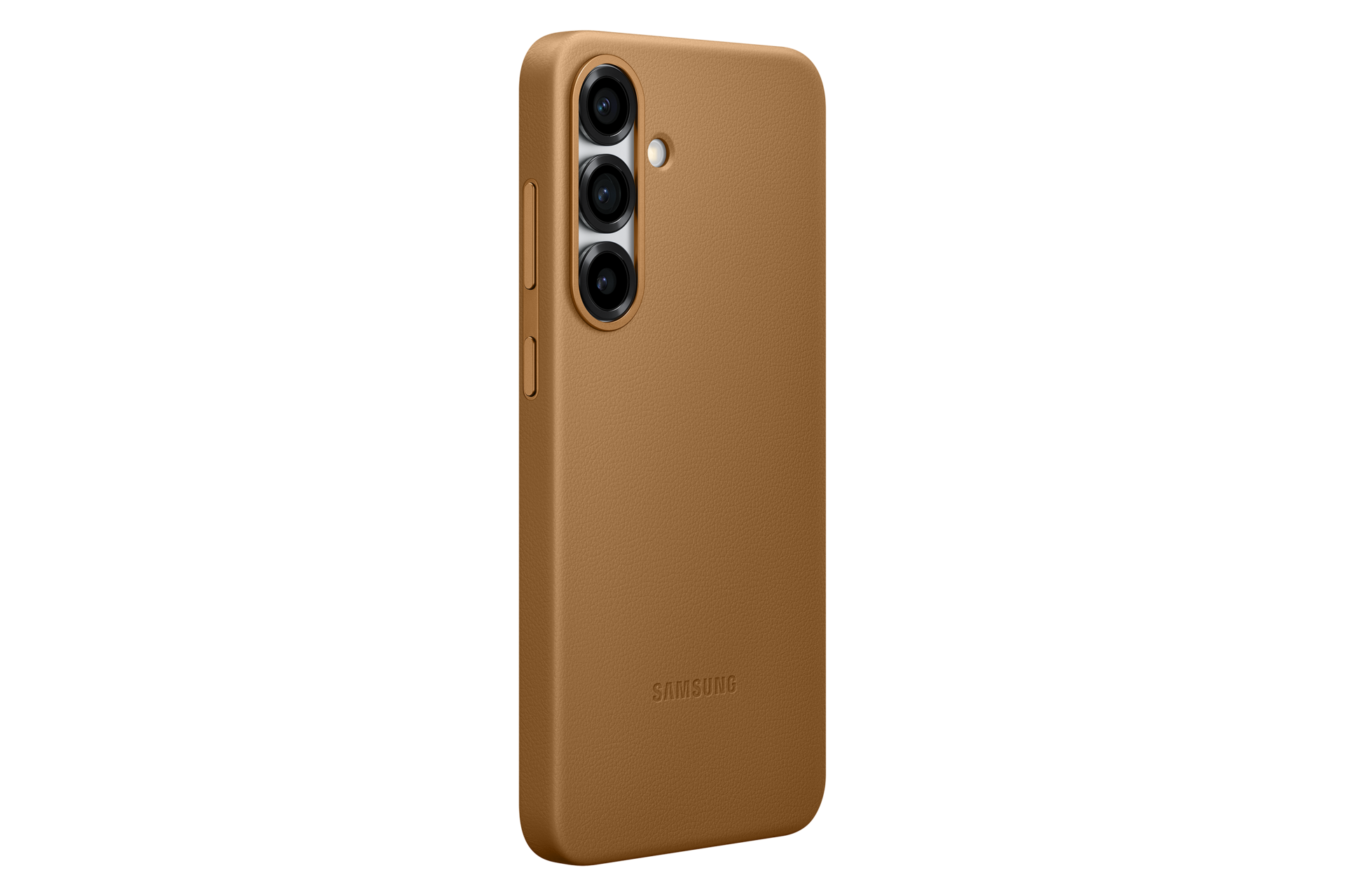 Eine braune Handyhülle mit Kamera und Samsung-Logo auf schwarzem Hintergrund.