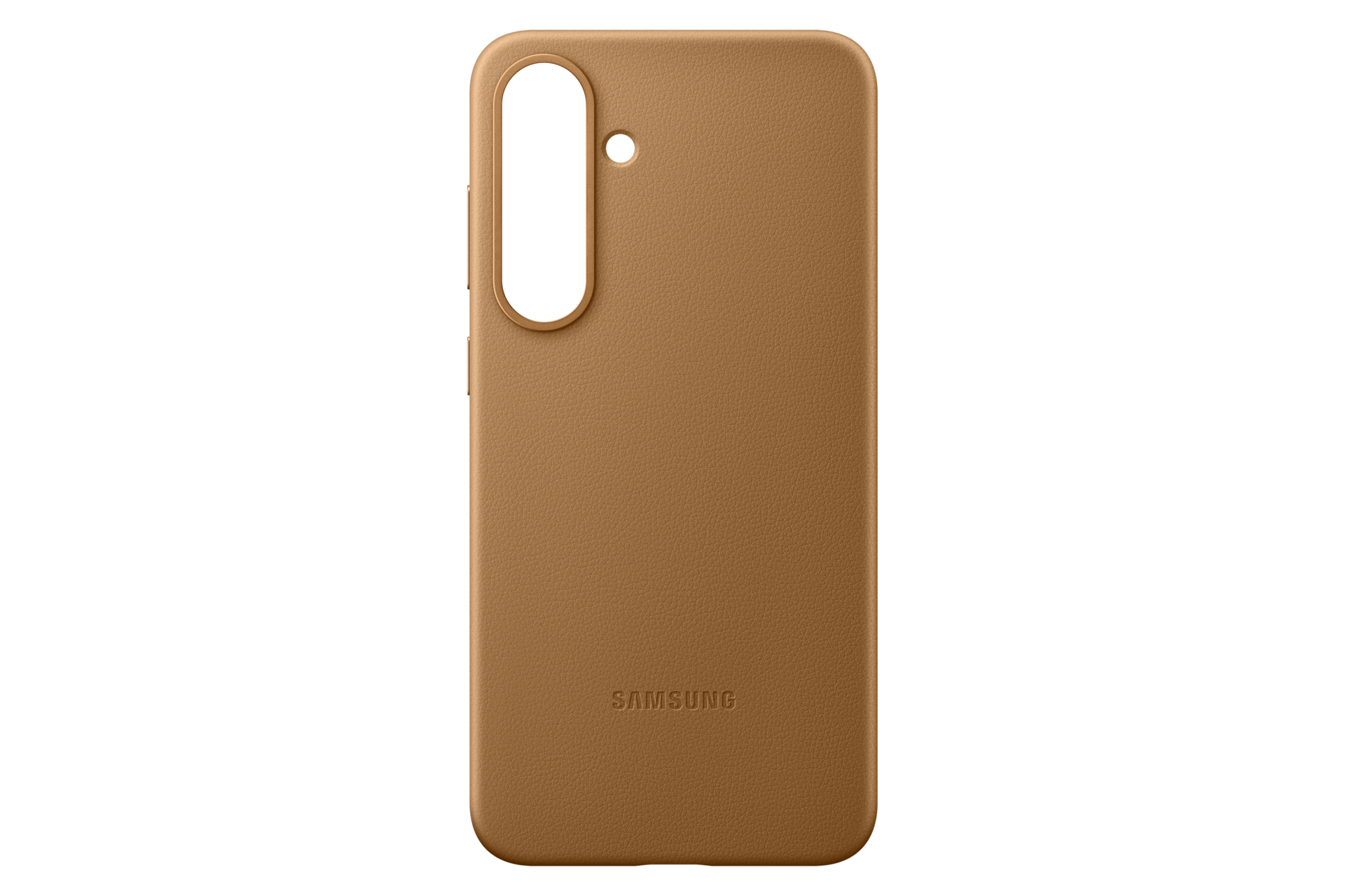 Eine hellbraune Handyhülle vor schwarzem Hintergrund. Es hat einen Kameraausschnitt und das Samsung-Logo.