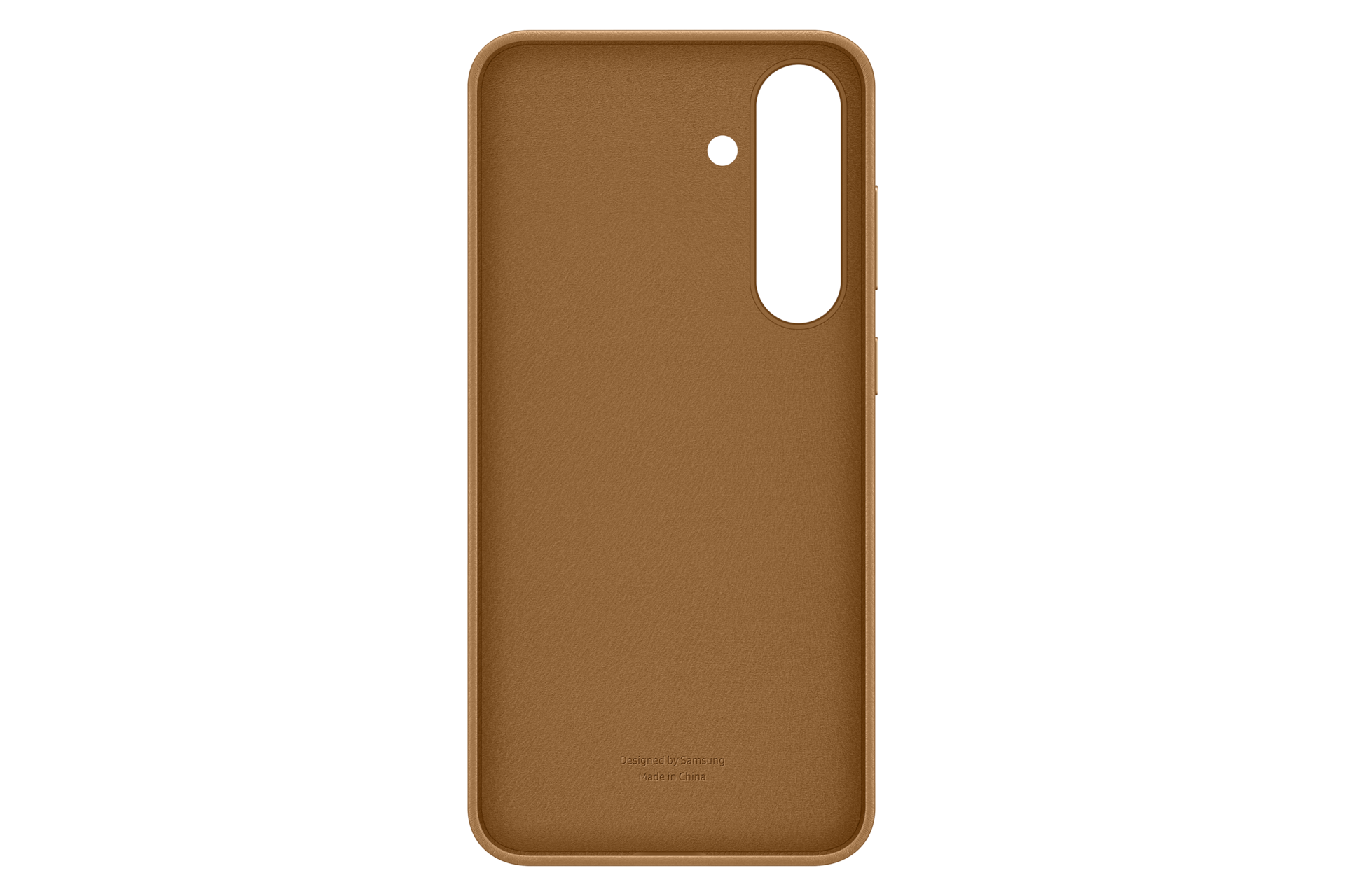 Eine braune Handyhülle mit Kameraausschnitt und einem kleinen Punkt darüber. Der Hintergrund ist schwarz.