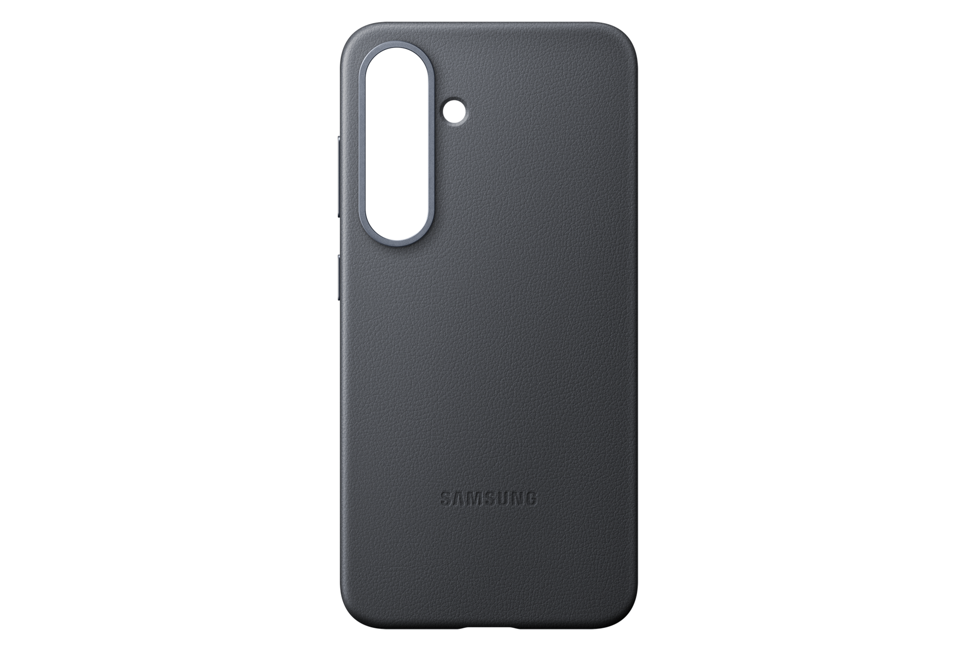Custodia per telefono grigio scuro su sfondo nero. Ha un ritaglio per la fotocamera, pulsanti laterali e il logo Samsung.