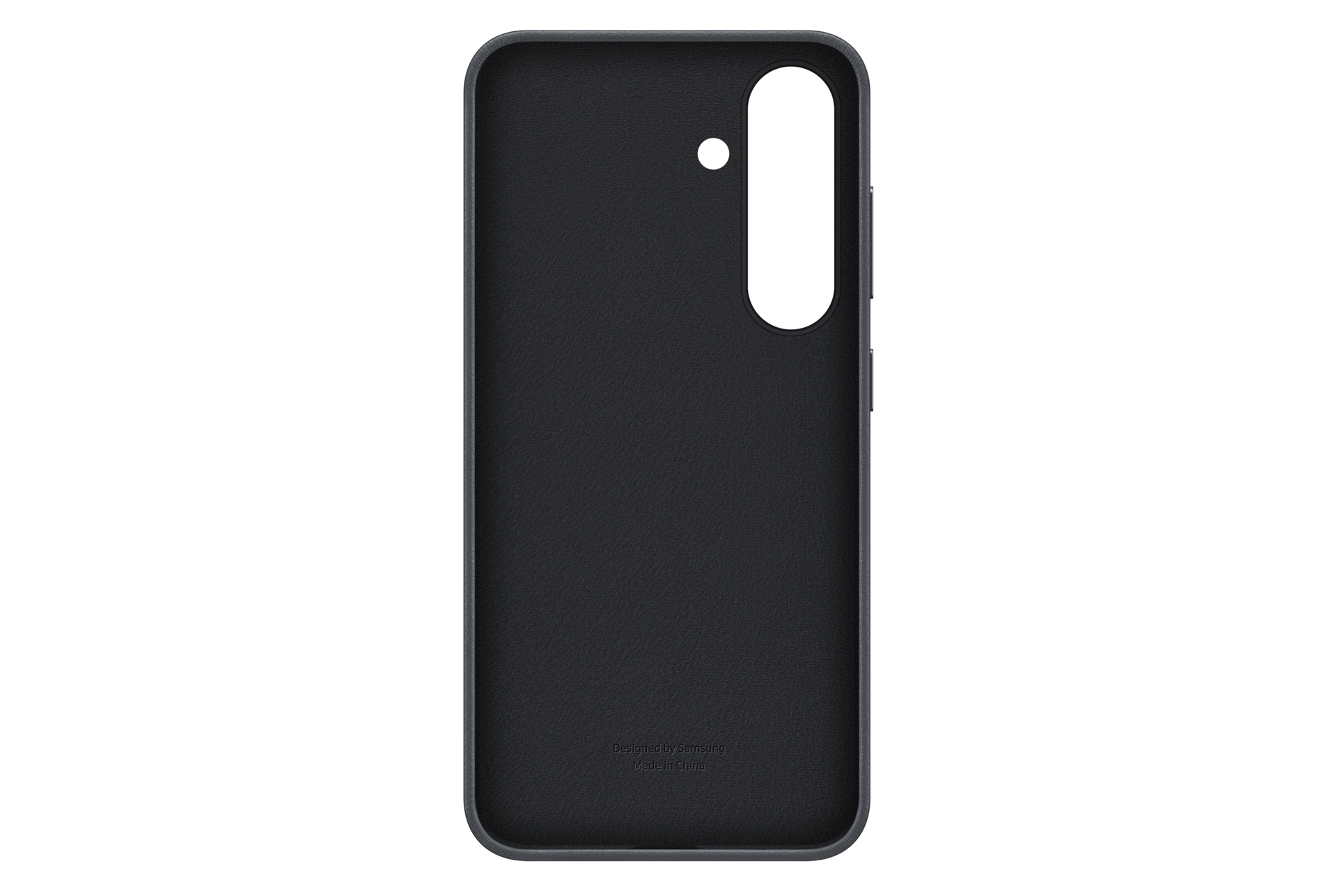 Custodia nera per telefono con ritaglio per fotocamera. Progettato da Samsung, prodotto in Cina.