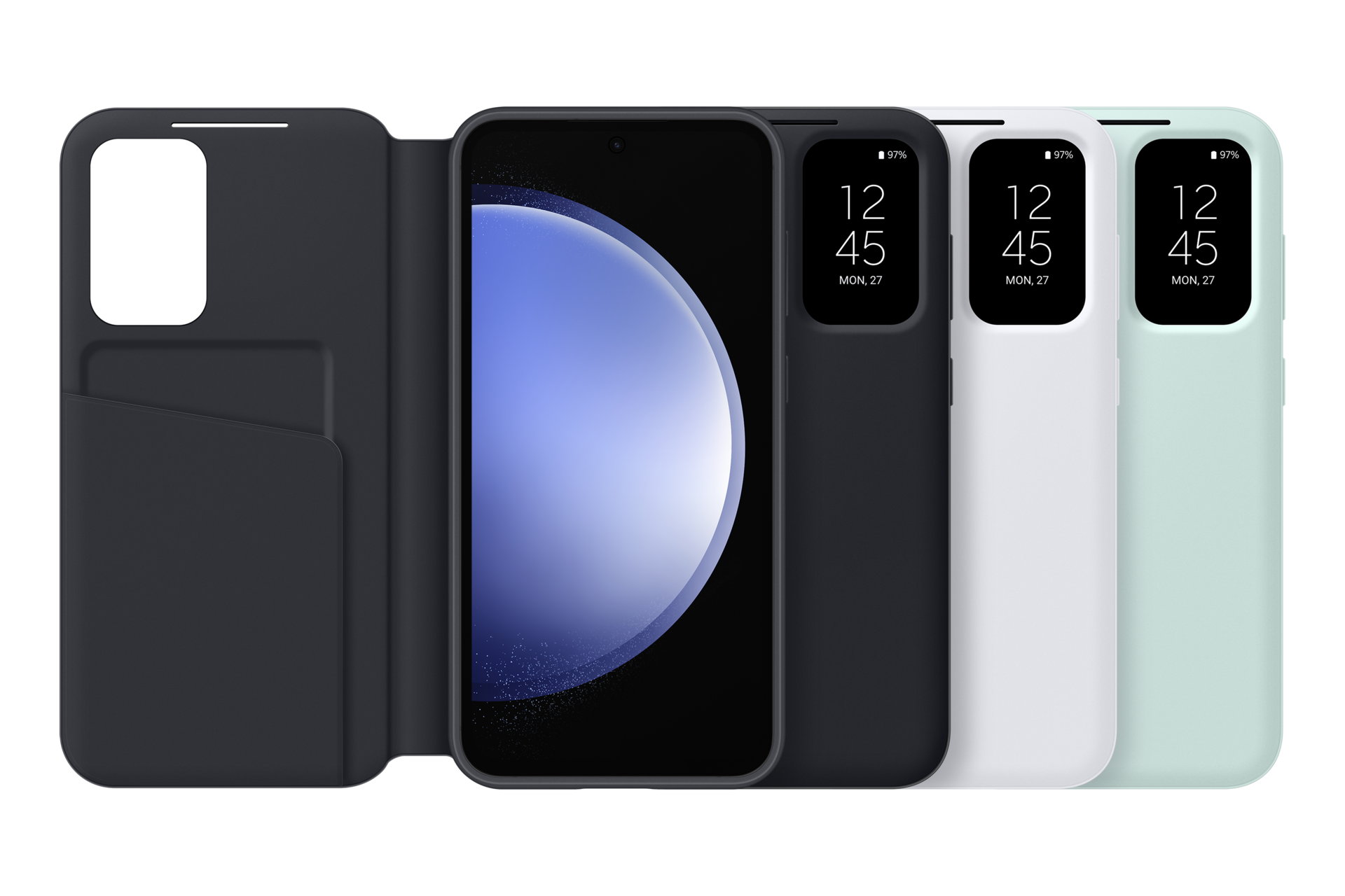 Quattro smartphone in custodie. Custodie nere, bianche e verde menta mostrano l'ora. Una custodia aperta mostra lo schermo.